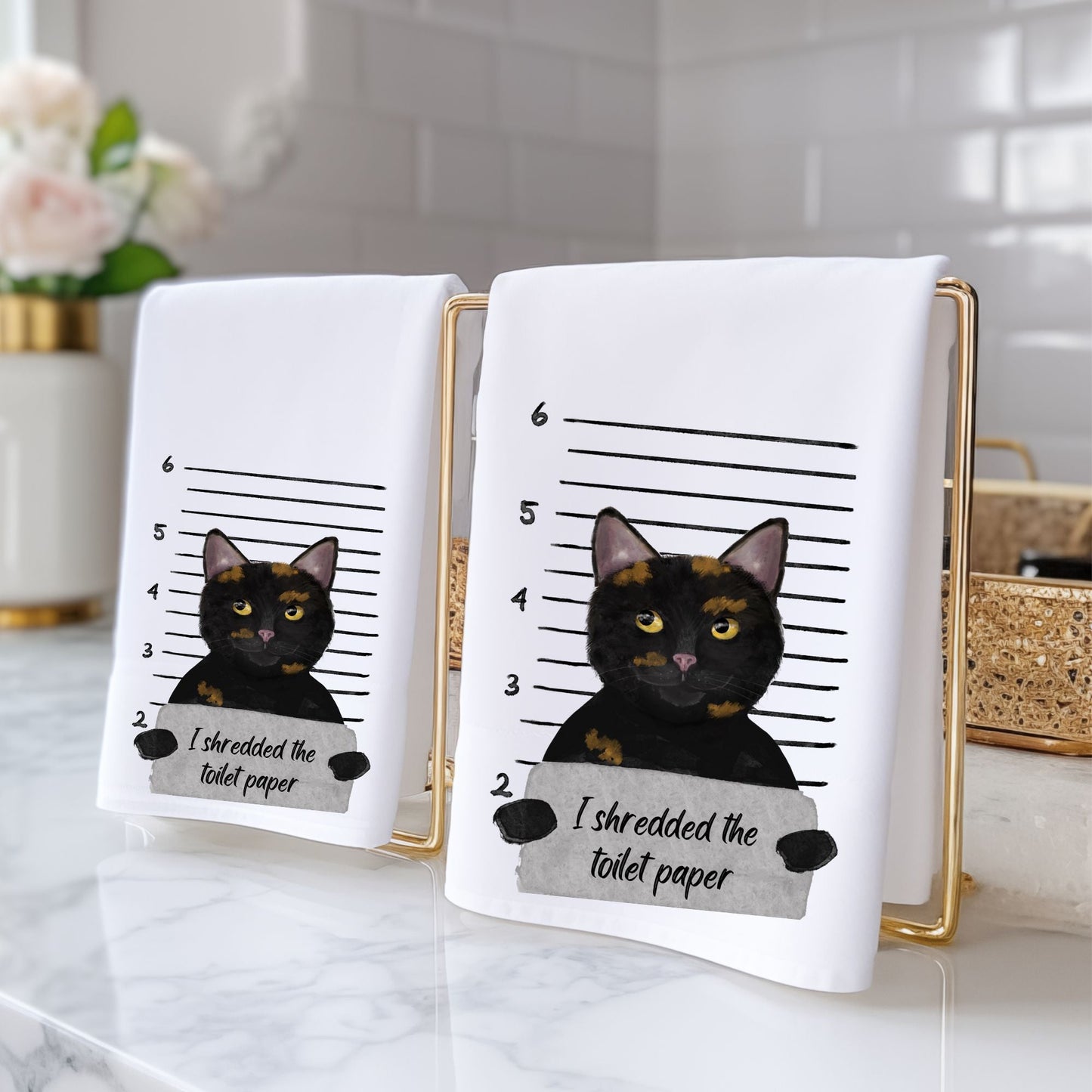 Funny Tortoiseshell Cat Mugshot Bathroom Towel - MerikaArt