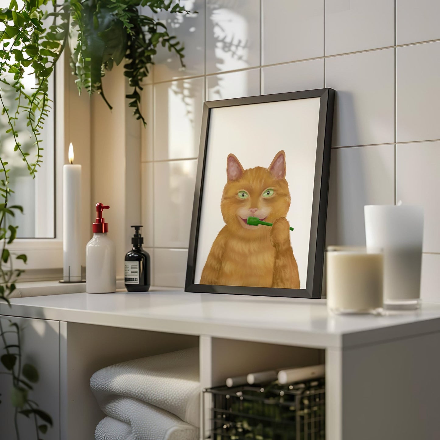 Ginger Cat Brushing Teeth – Fun Orange Cat Art Print - MerikaArt