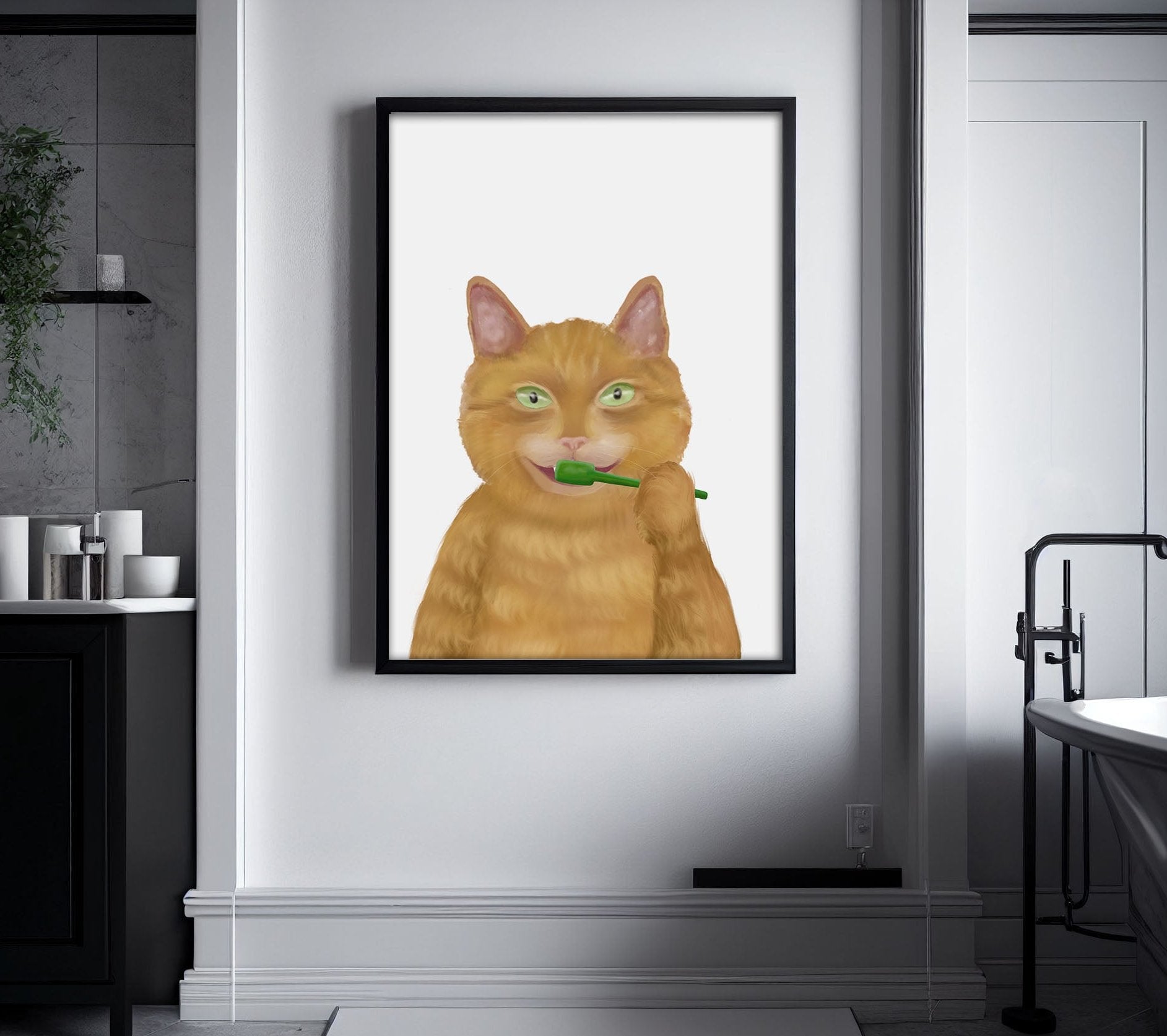 Ginger Cat Brushing Teeth – Fun Orange Cat Art Print - MerikaArt