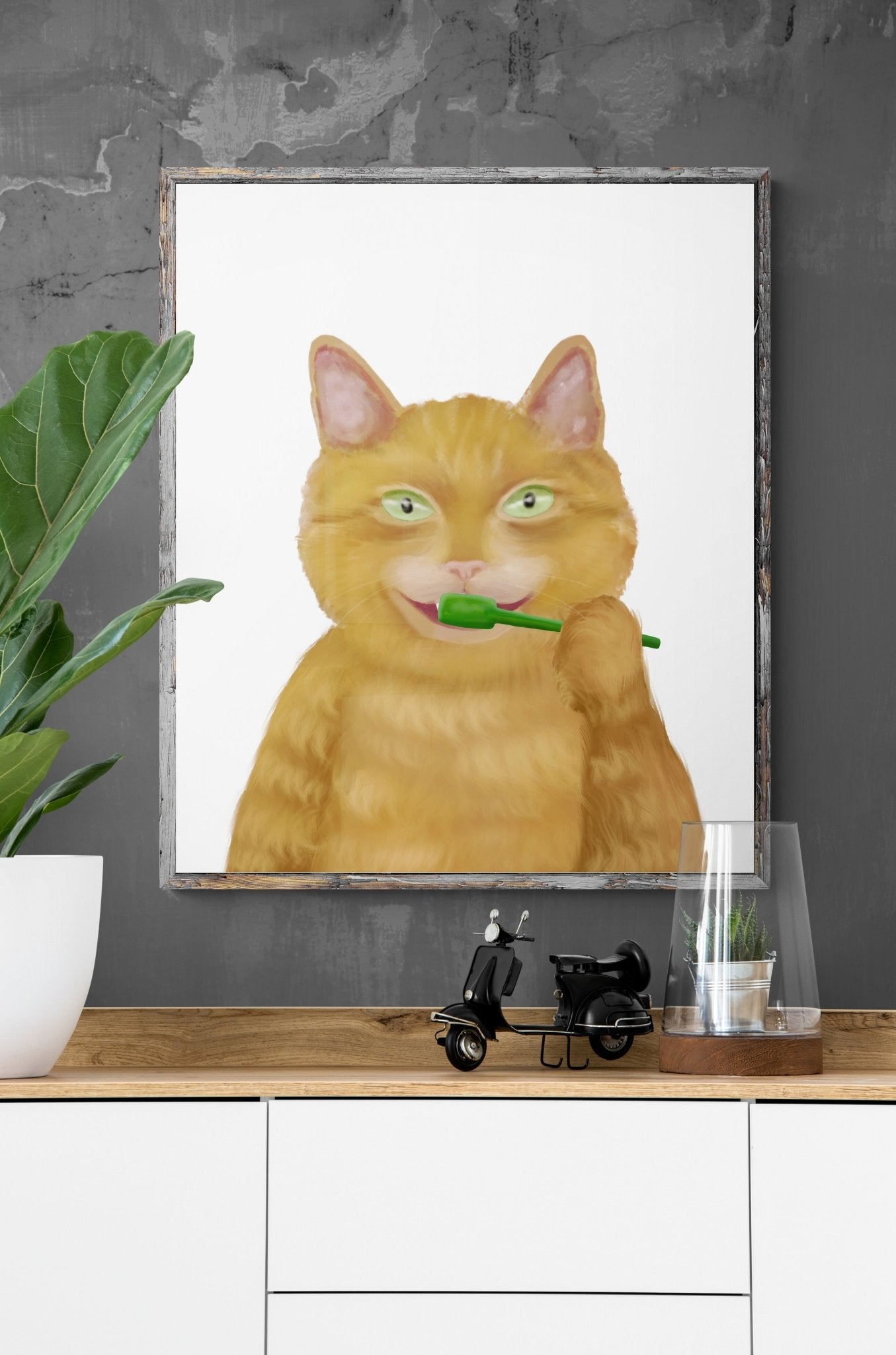Ginger Cat Brushing Teeth – Fun Orange Cat Art Print - MerikaArt