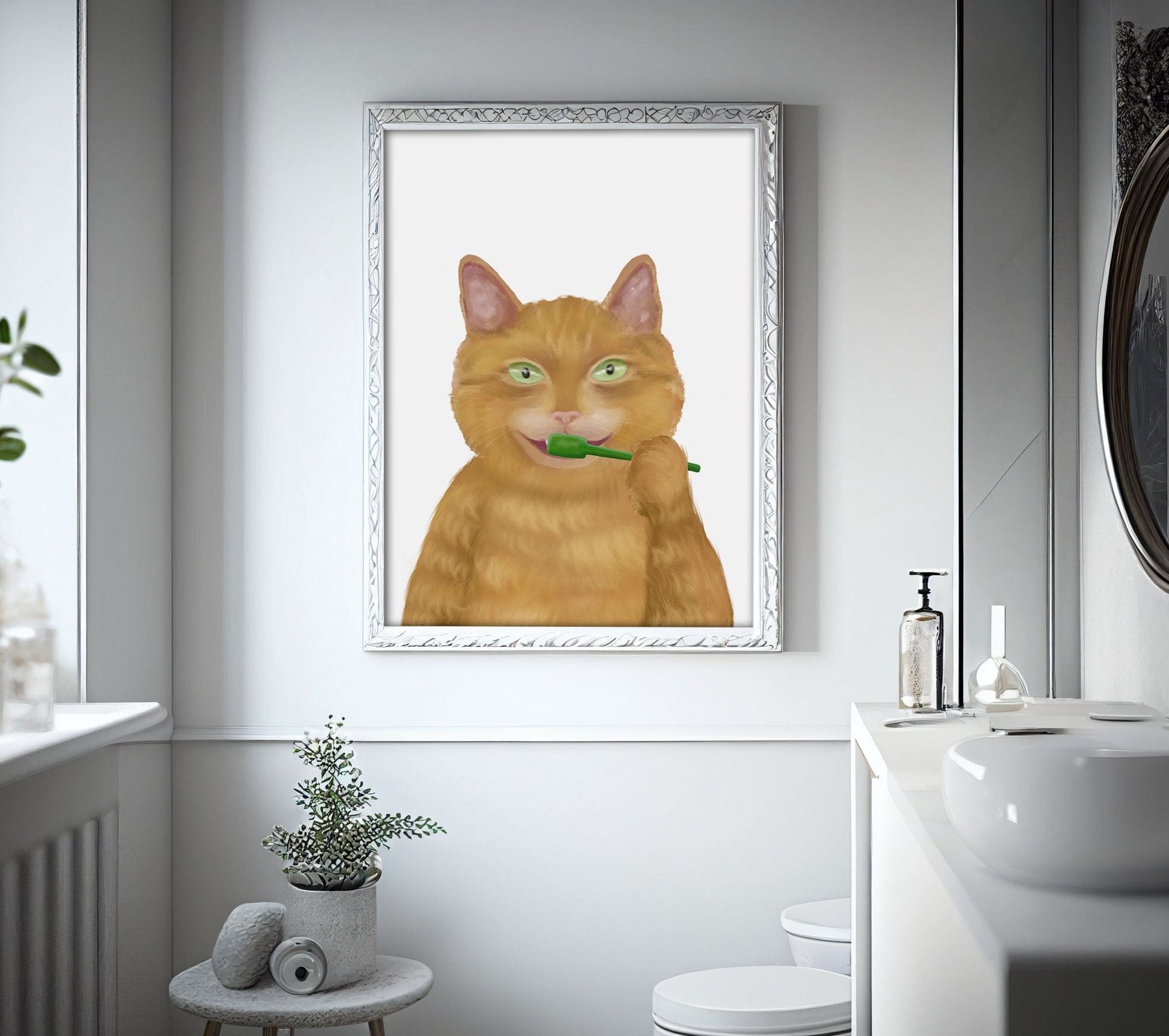Ginger Cat Brushing Teeth – Fun Orange Cat Art Print - MerikaArt