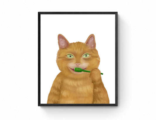 Ginger Cat Brushing Teeth – Fun Orange Cat Art Print - MerikaArt