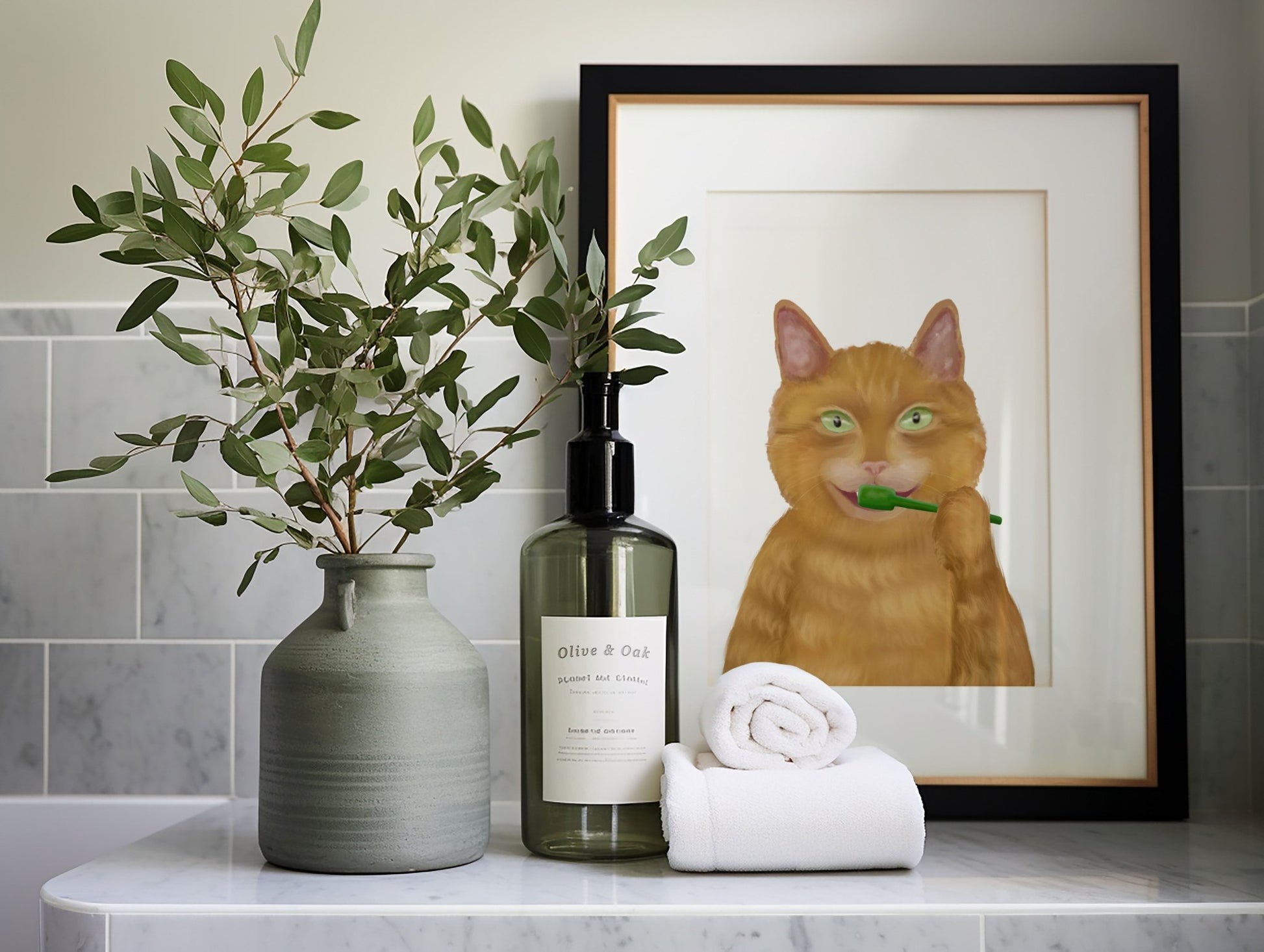 Ginger Cat Brushing Teeth – Fun Orange Cat Art Print - MerikaArt