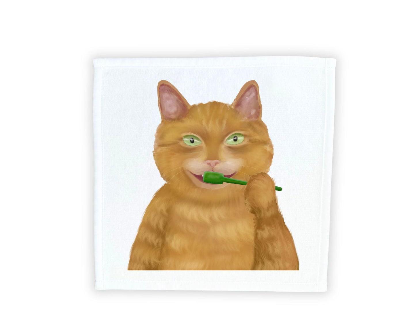 Ginger Cat Brushing Teeth Washcloth - MerikaArt