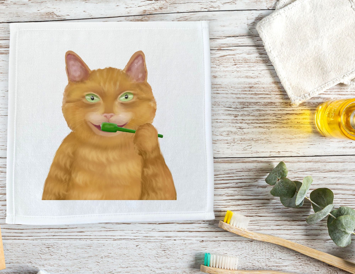 Ginger Cat Brushing Teeth Washcloth - MerikaArt