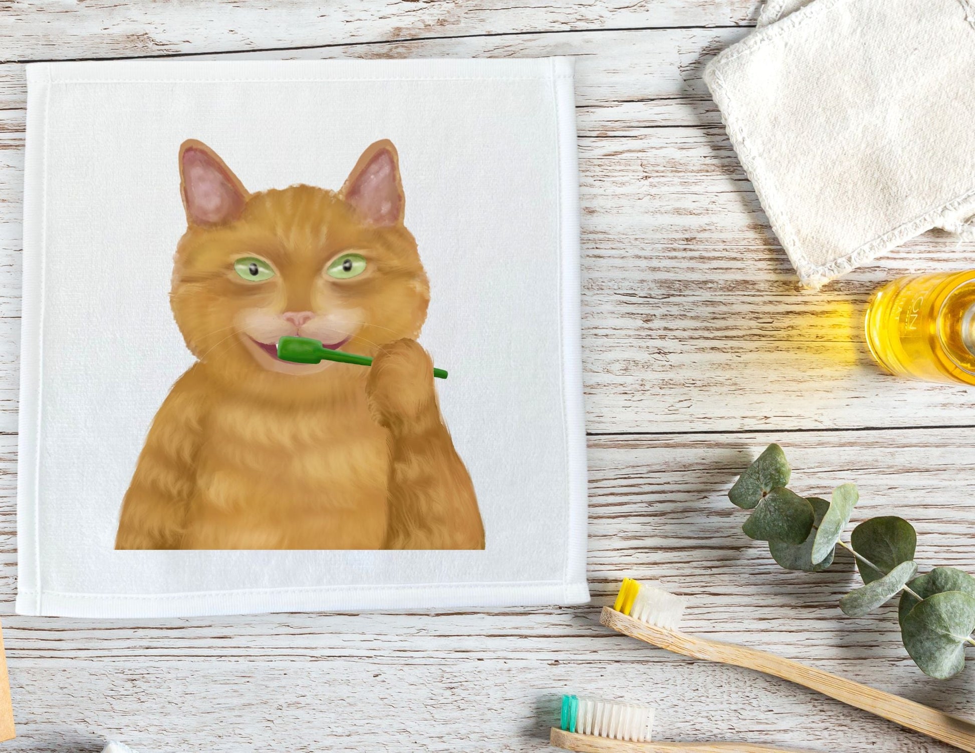 Ginger Cat Brushing Teeth Washcloth - MerikaArt