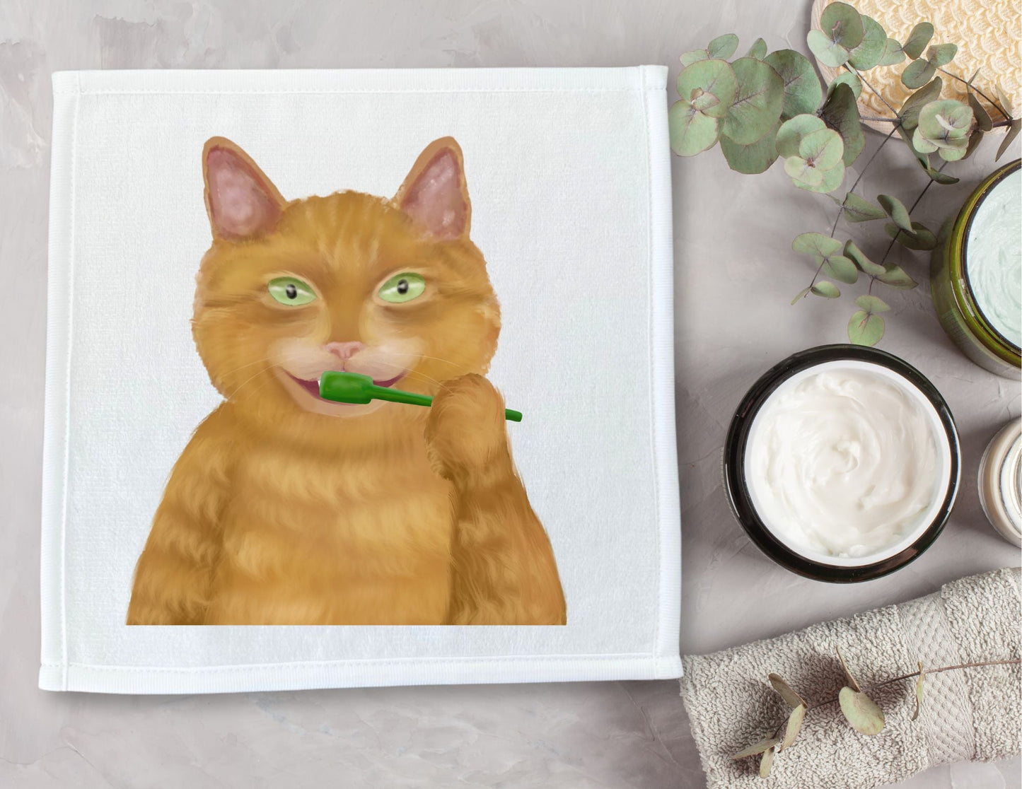 Ginger Cat Brushing Teeth Washcloth - MerikaArt