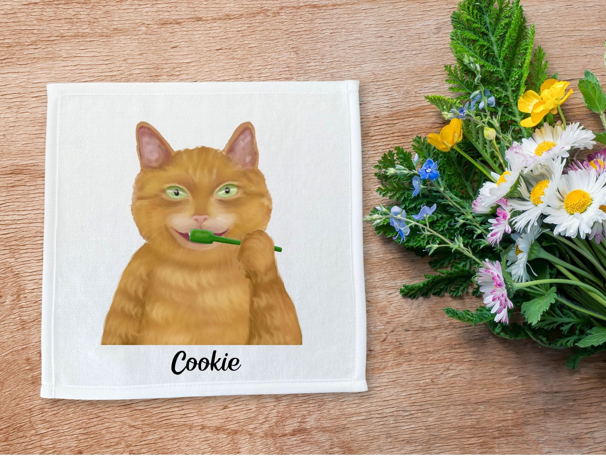 Ginger Cat Brushing Teeth Washcloth - MerikaArt