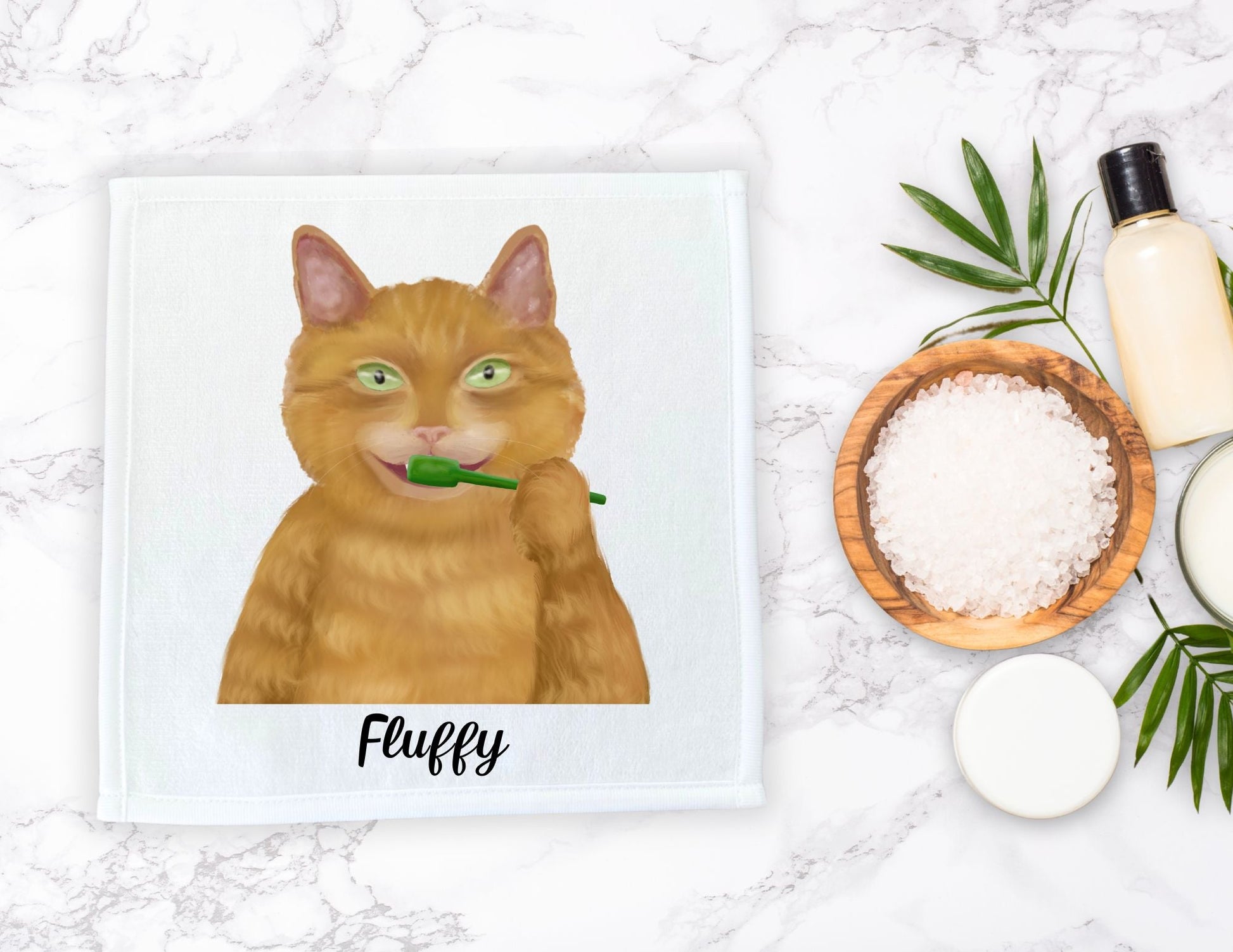 Ginger Cat Brushing Teeth Washcloth - MerikaArt