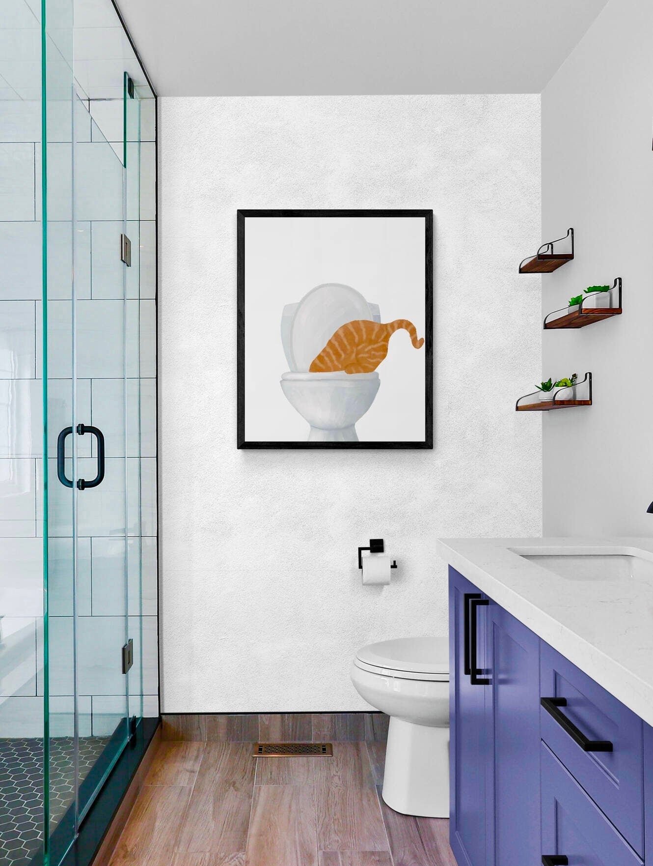 Ginger Cat Drinking Water From Toilet Print, Fat Orange Cat Art, Bathroom Decor, Bathroom Cat Painting, Kitty Licking Water From Toilet Art - MerikaArt