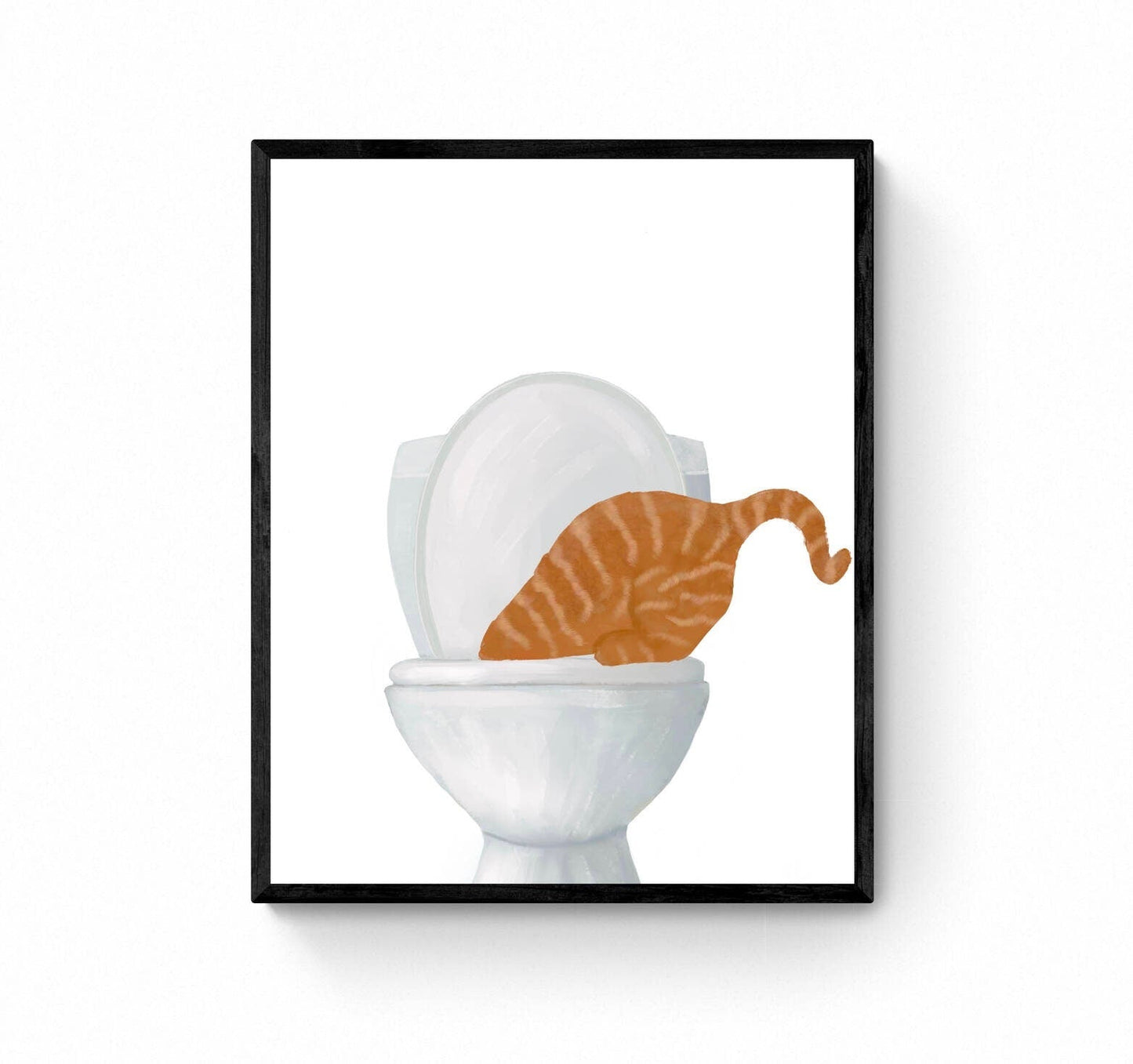Ginger Cat Drinking Water From Toilet Print, Fat Orange Cat Art, Bathroom Decor, Bathroom Cat Painting, Kitty Licking Water From Toilet Art - MerikaArt