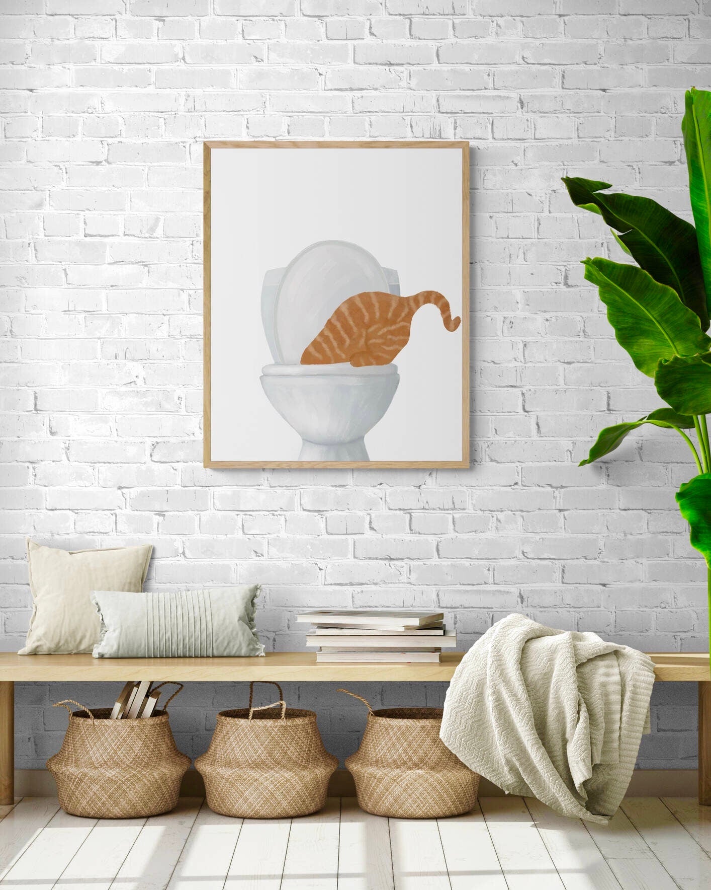 Ginger Cat Drinking Water From Toilet Print, Fat Orange Cat Art, Bathroom Decor, Bathroom Cat Painting, Kitty Licking Water From Toilet Art - MerikaArt