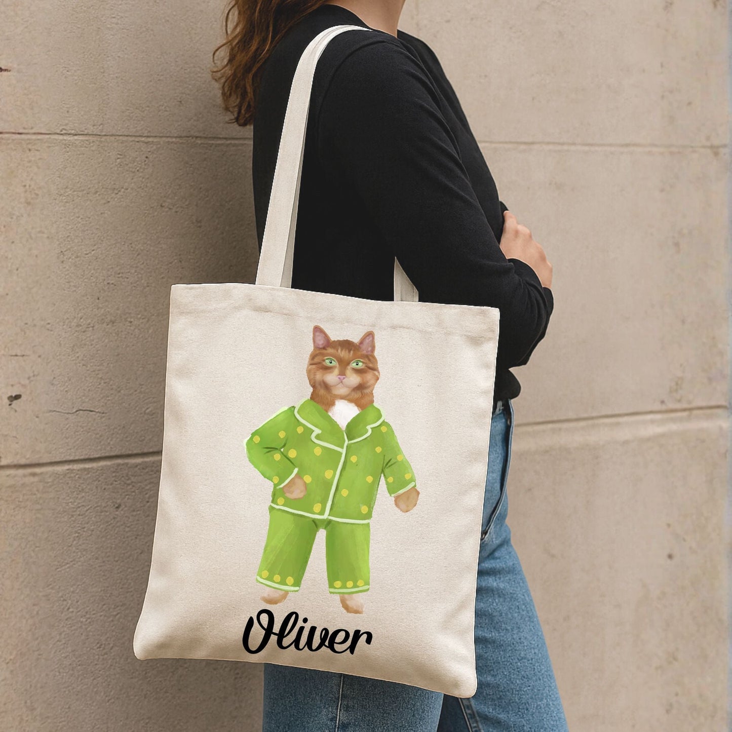 Ginger Cat in Green Pajamas Canvas Tote Bag - MerikaArt