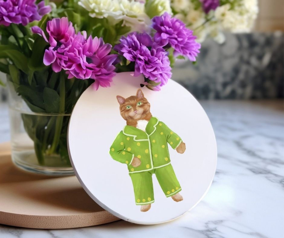 Ginger Cat in Green Pajamas Ceramic Coaster - MerikaArt