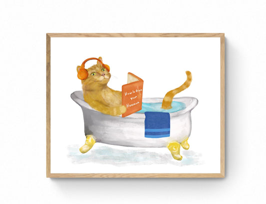 Ginger Cat Reading in Bathtub – Fun and Unique Cat Art Print - MerikaArt