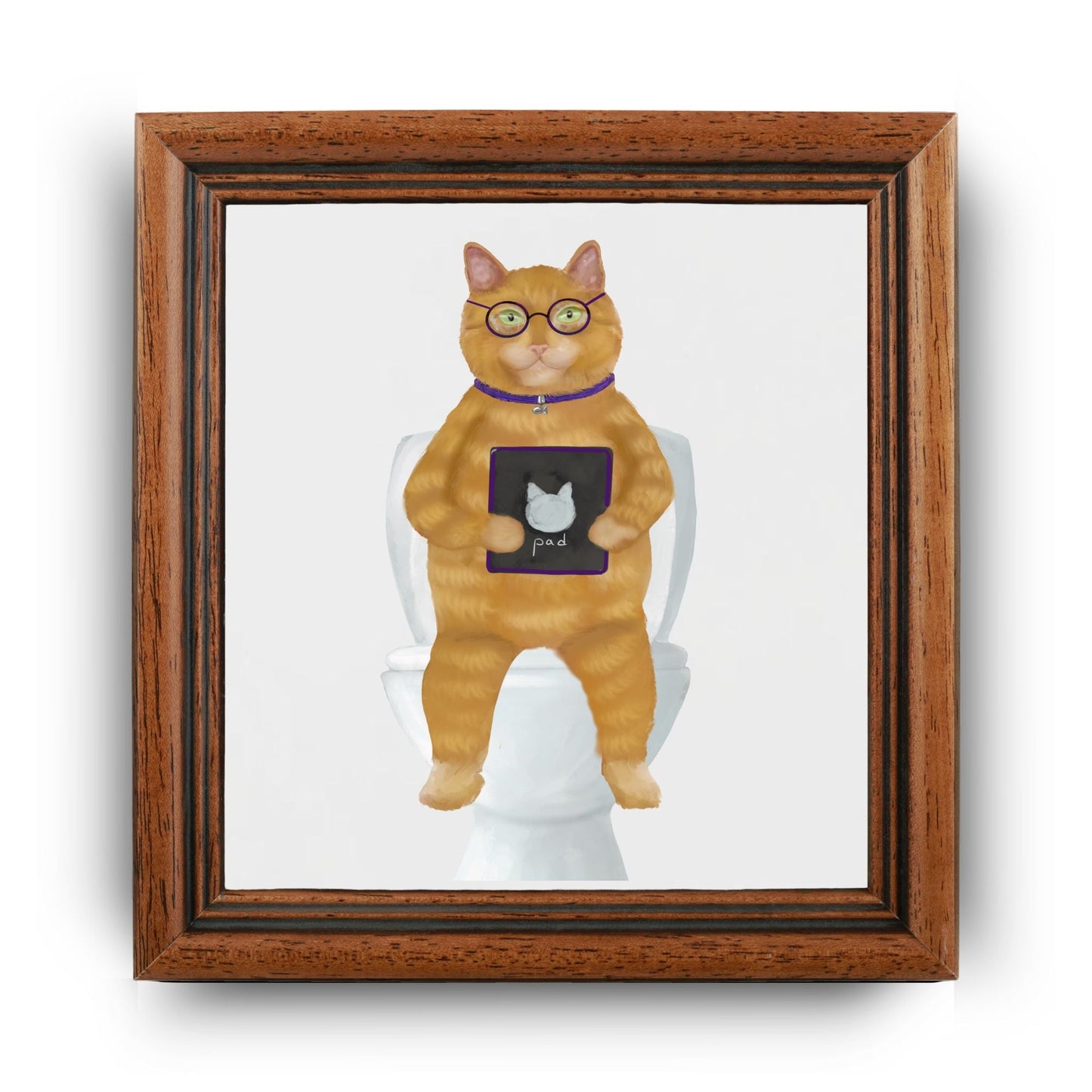 Ginger Cat with Tablet Ceramic Tile – Handcrafted Whimsical Decor - MerikaArt