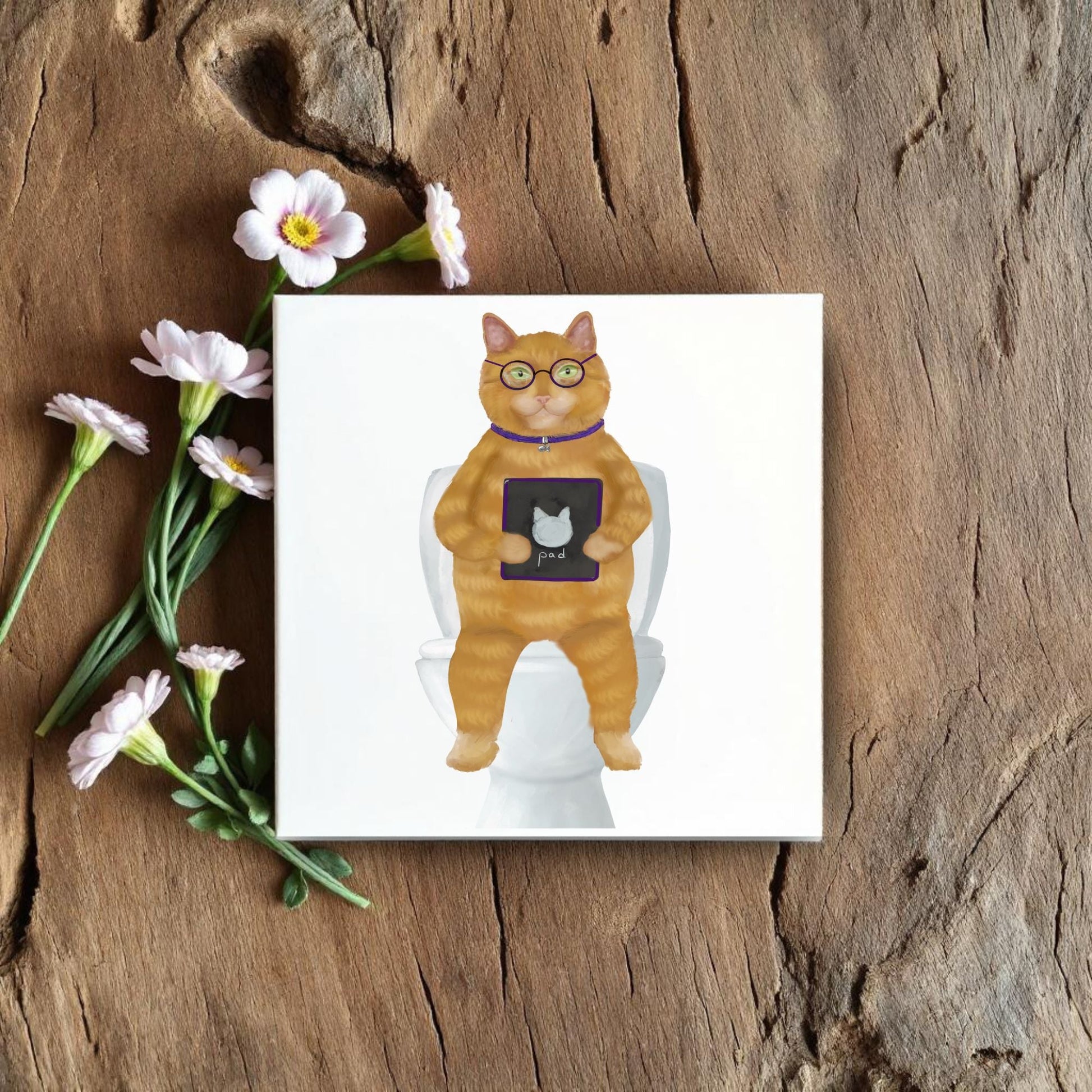 Ginger Cat with Tablet Ceramic Tile – Handcrafted Whimsical Decor - MerikaArt