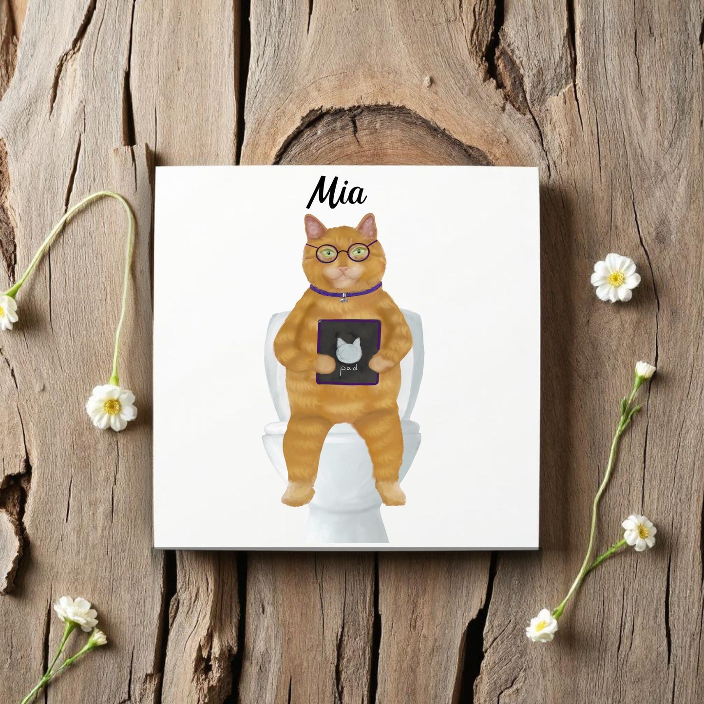Ginger Cat with Tablet Ceramic Tile – Handcrafted Whimsical Decor - MerikaArt