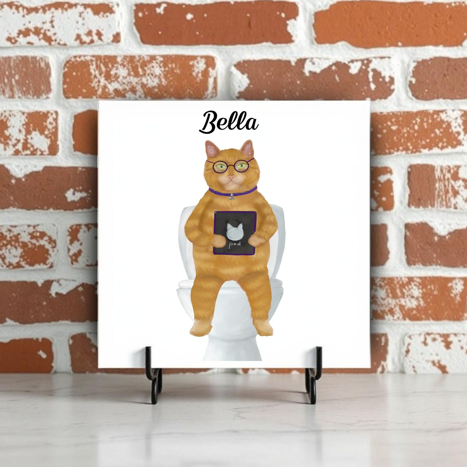Ginger Cat with Tablet Ceramic Tile – Handcrafted Whimsical Decor - MerikaArt