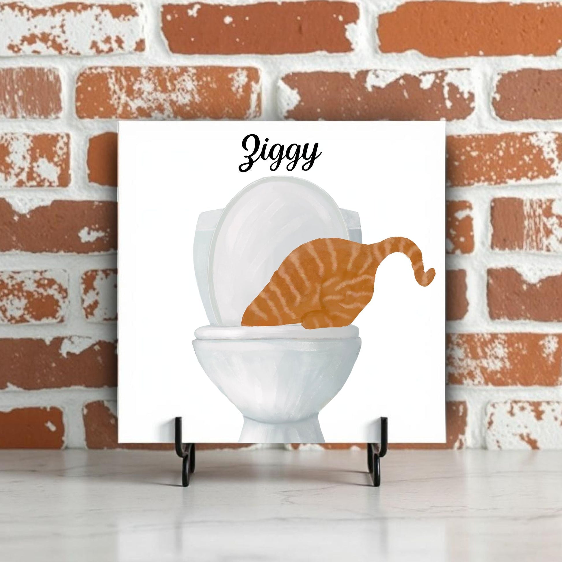 Ginger Cat with Toilet Ceramic Tile – Handcrafted Quirky Home Decor - MerikaArt