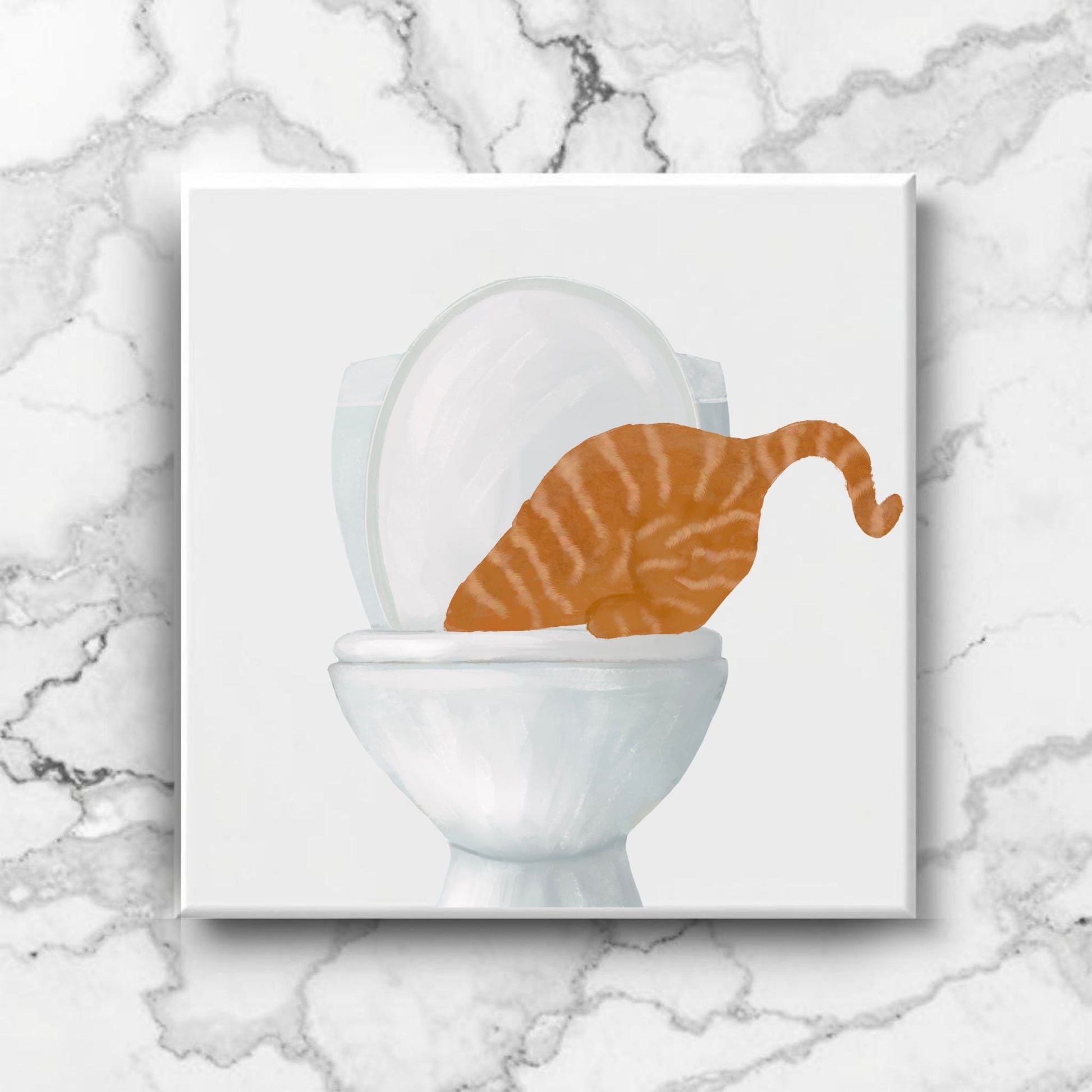 Ginger Cat with Toilet Ceramic Tile – Handcrafted Quirky Home Decor - MerikaArt