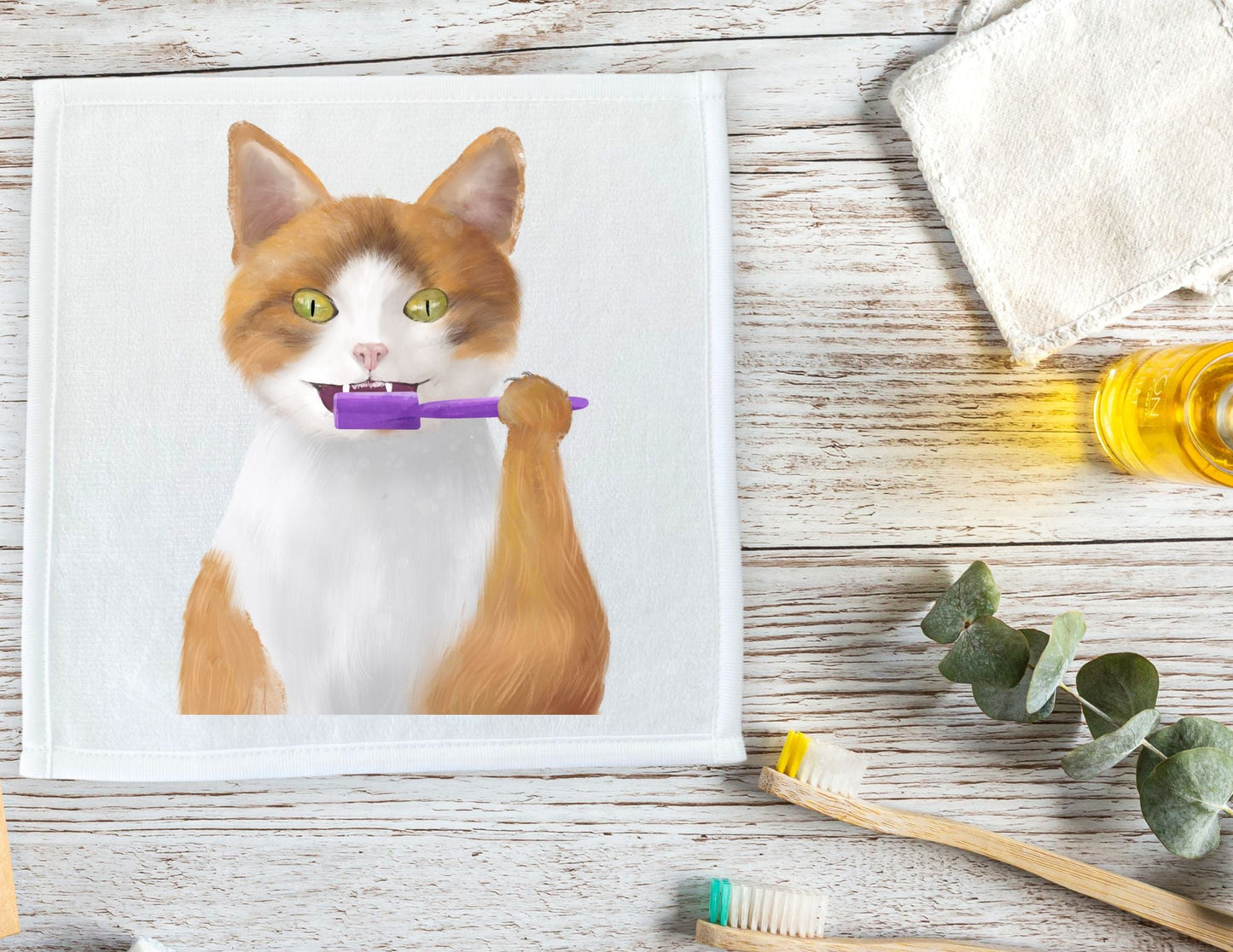 Ginger Cat with Toothbrush Washcloth – Playful Feline Design - MerikaArt