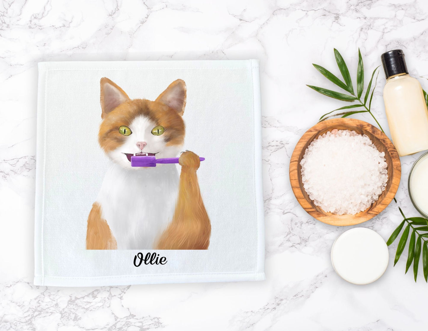 Ginger Cat with Toothbrush Washcloth – Playful Feline Design - MerikaArt