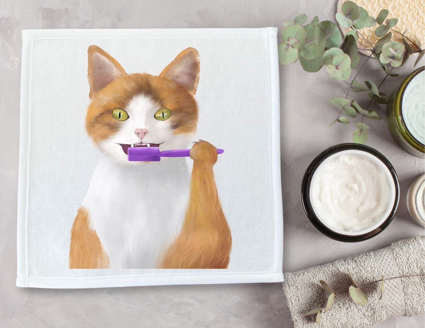 Ginger Cat with Toothbrush Washcloth – Playful Feline Design - MerikaArt