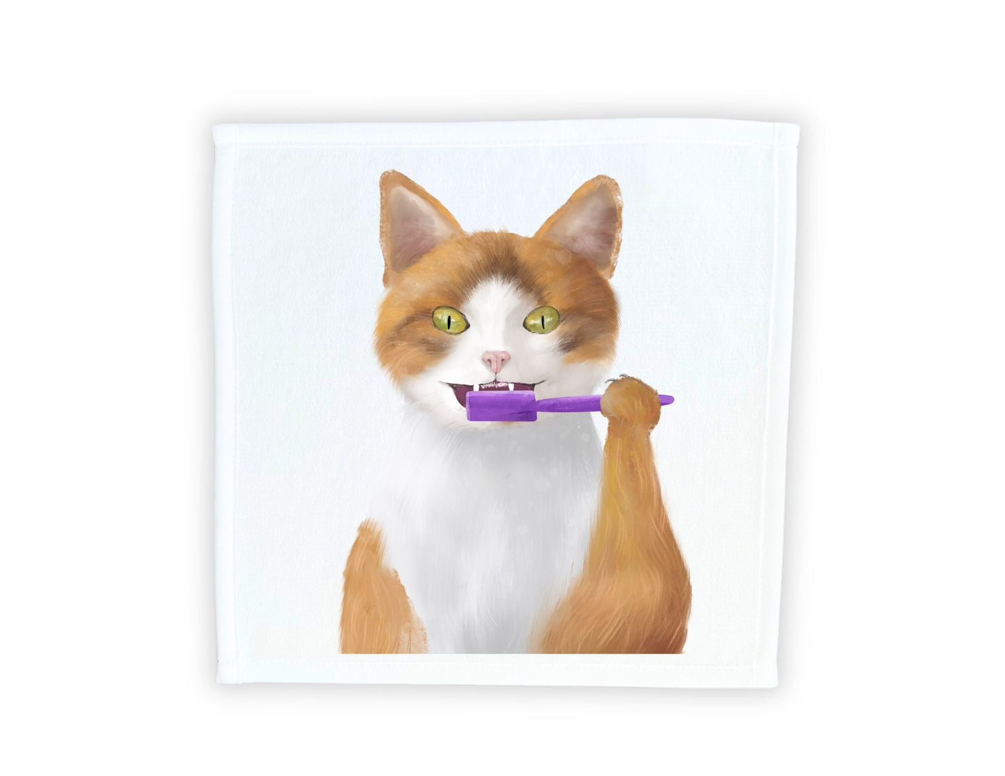 Ginger Cat with Toothbrush Washcloth – Playful Feline Design - MerikaArt