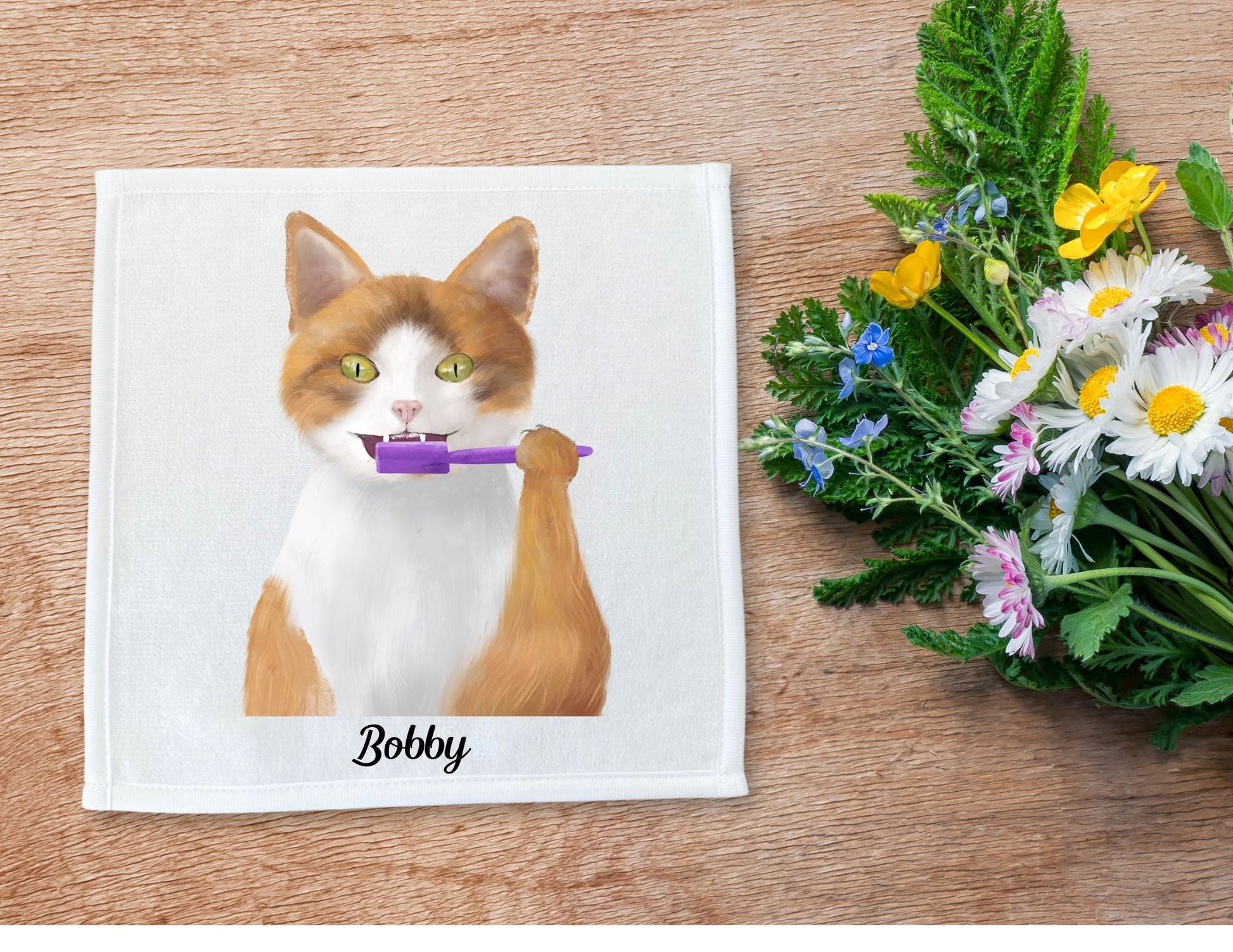Ginger Cat with Toothbrush Washcloth – Playful Feline Design - MerikaArt