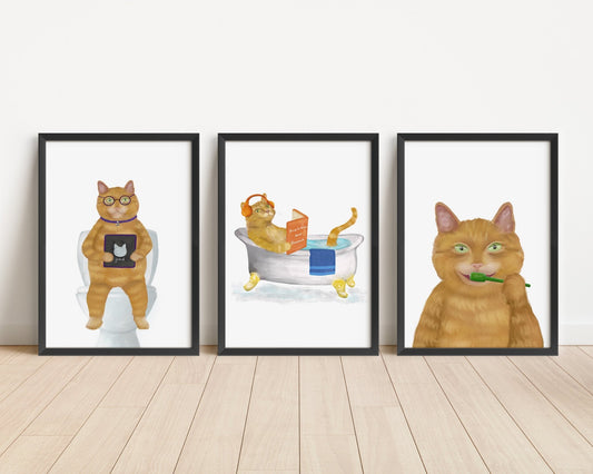 Ginger Tabby Cat Bathroom Art Print Set - Set of 3 - MerikaArt