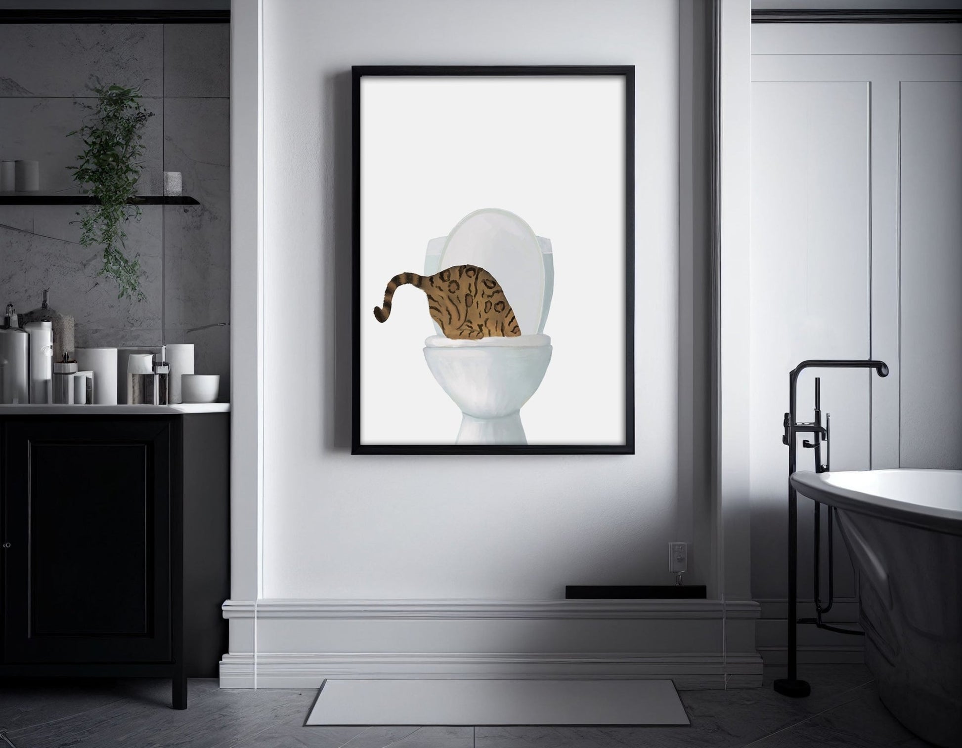 Gold Bengal Cat Drinking from Toilet Art Print - MerikaArt