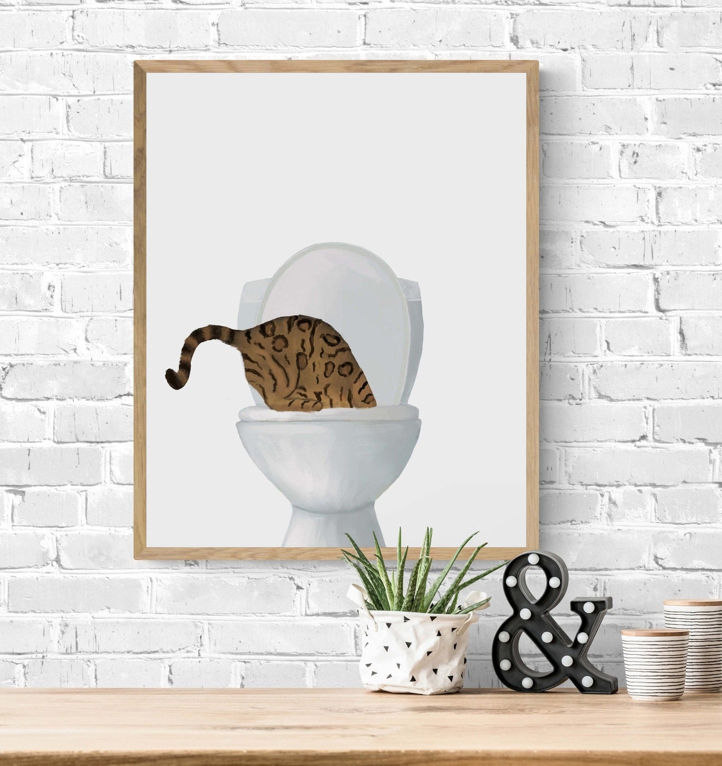 Gold Bengal Cat Drinking Water From Toilet Print, Bengal Cat Art, Bathroom Decor, Bathroom Cat Painting, Kitty Licking Water From Toilet Art - MerikaArt