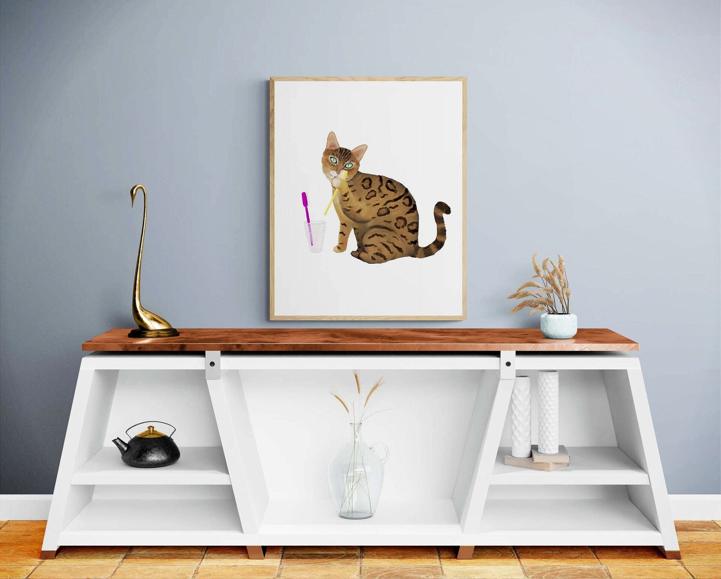 Gold Bengal Cat Licking Toothbrush, Bengal Cat Brushing Teeth, Bathroom Art, Bathroom Cat Painting, Cat In Bath Print, Cat Lover Gift - MerikaArt