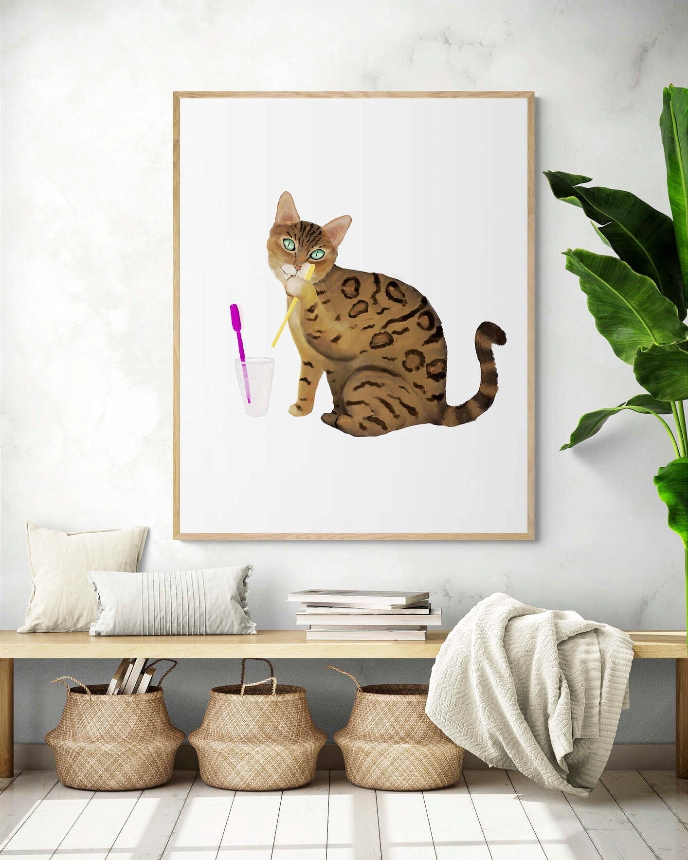 Gold Bengal Cat Licking Toothbrush, Bengal Cat Brushing Teeth, Bathroom Art, Bathroom Cat Painting, Cat In Bath Print, Cat Lover Gift - MerikaArt