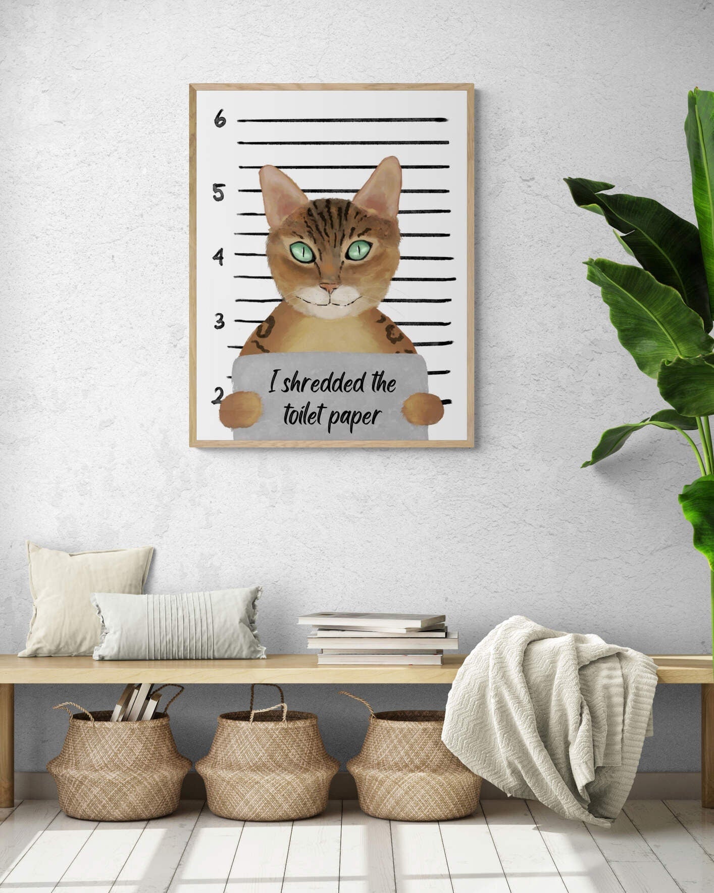 Gold Bengal Cat Mug Shot Print, Bengal Cat in Prison Artwork, Bathroom Painting, Cat With Toilet Paper Print, Cat Lover Gift, Funny Cat Gift - MerikaArt