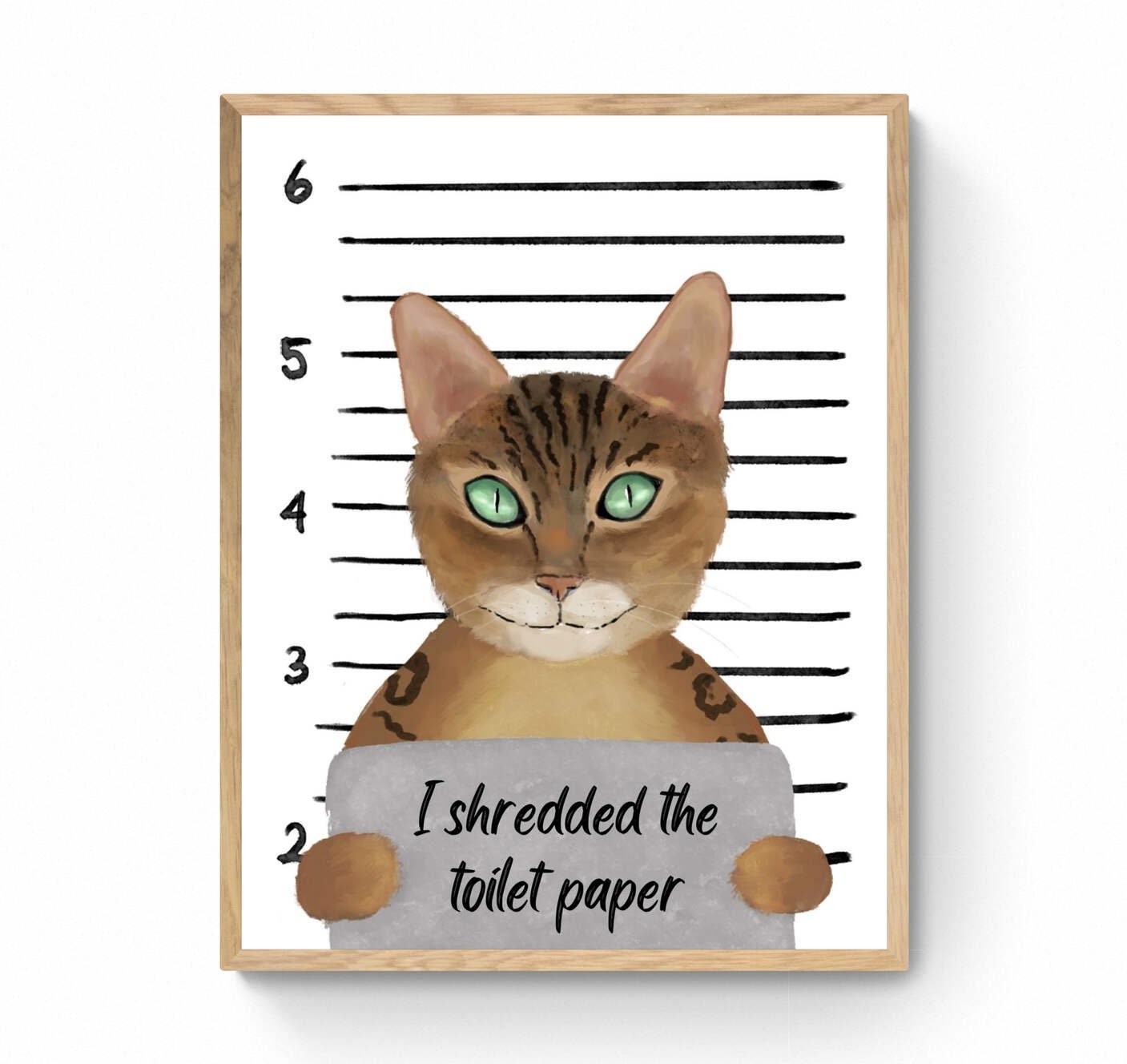 Gold Bengal Cat Mug Shot Print, Bengal Cat in Prison Artwork, Bathroom Painting, Cat With Toilet Paper Print, Cat Lover Gift, Funny Cat Gift - MerikaArt