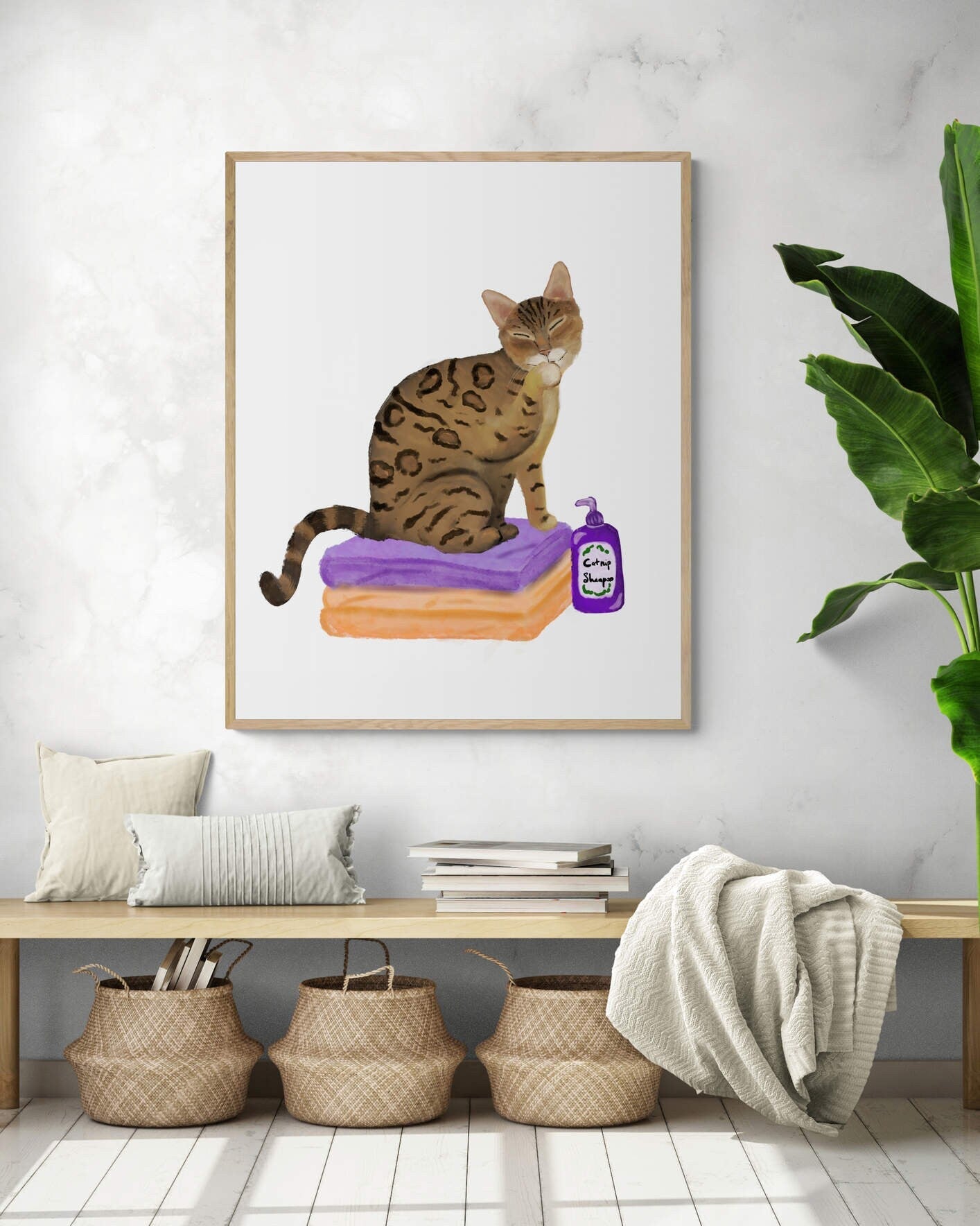 Gold Bengal Cat on Laundry Print, Bengal Cat Sitting on Folded Linens, Laundry Wall Art, Cat Illustration, Home Decor, Cat Memorial - MerikaArt