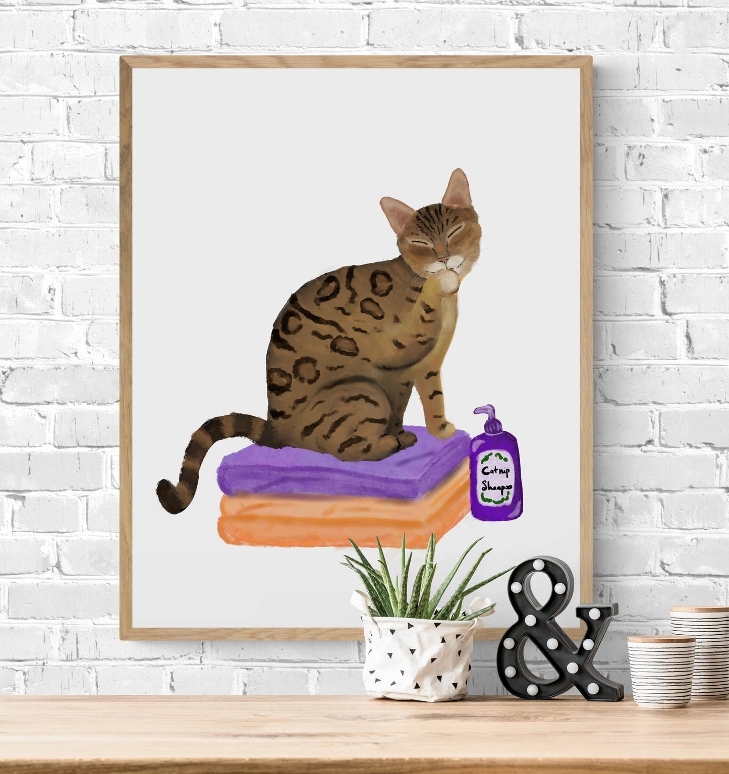 Gold Bengal Cat on Laundry Print, Bengal Cat Sitting on Folded Linens, Laundry Wall Art, Cat Illustration, Home Decor, Cat Memorial - MerikaArt