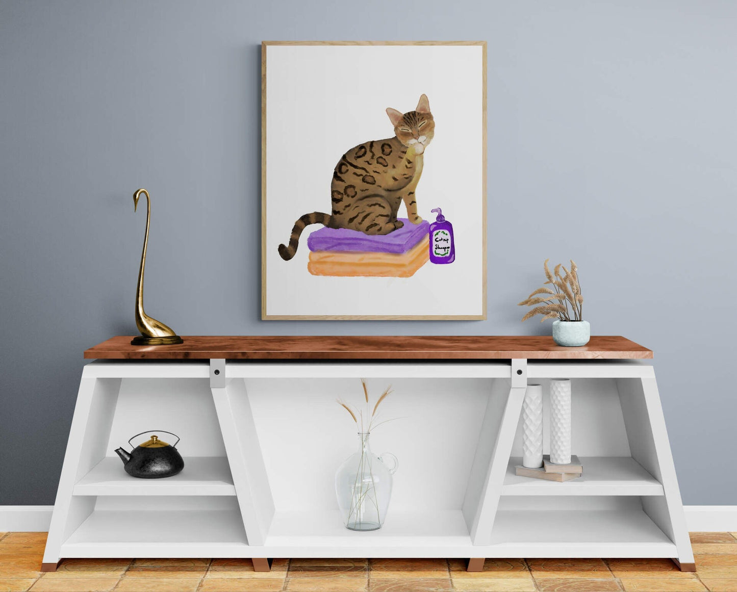 Gold Bengal Cat on Laundry Print, Bengal Cat Sitting on Folded Linens, Laundry Wall Art, Cat Illustration, Home Decor, Cat Memorial - MerikaArt