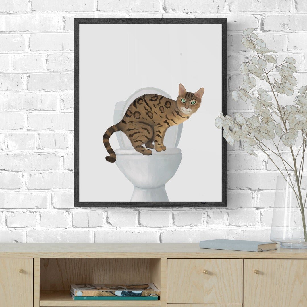 Gold Bengal Cat On Toilet Art, Bathroom Art, Bathroom Cat Painting, Cat On Toilet Print, Cat Lover Gift - MerikaArt