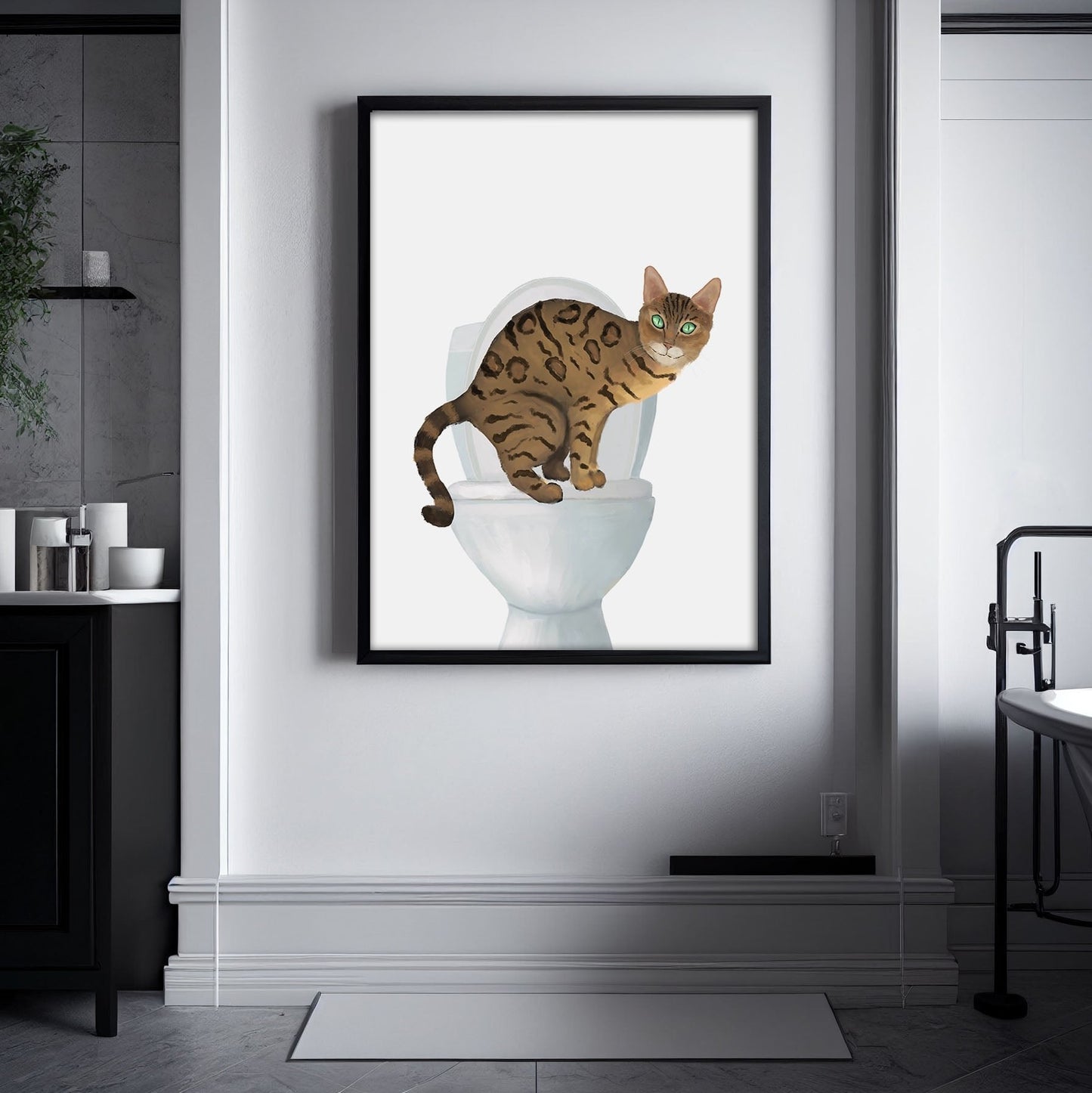 Gold Bengal Cat on Toilet Art Print - Bathroom Cat Decor - MerikaArt