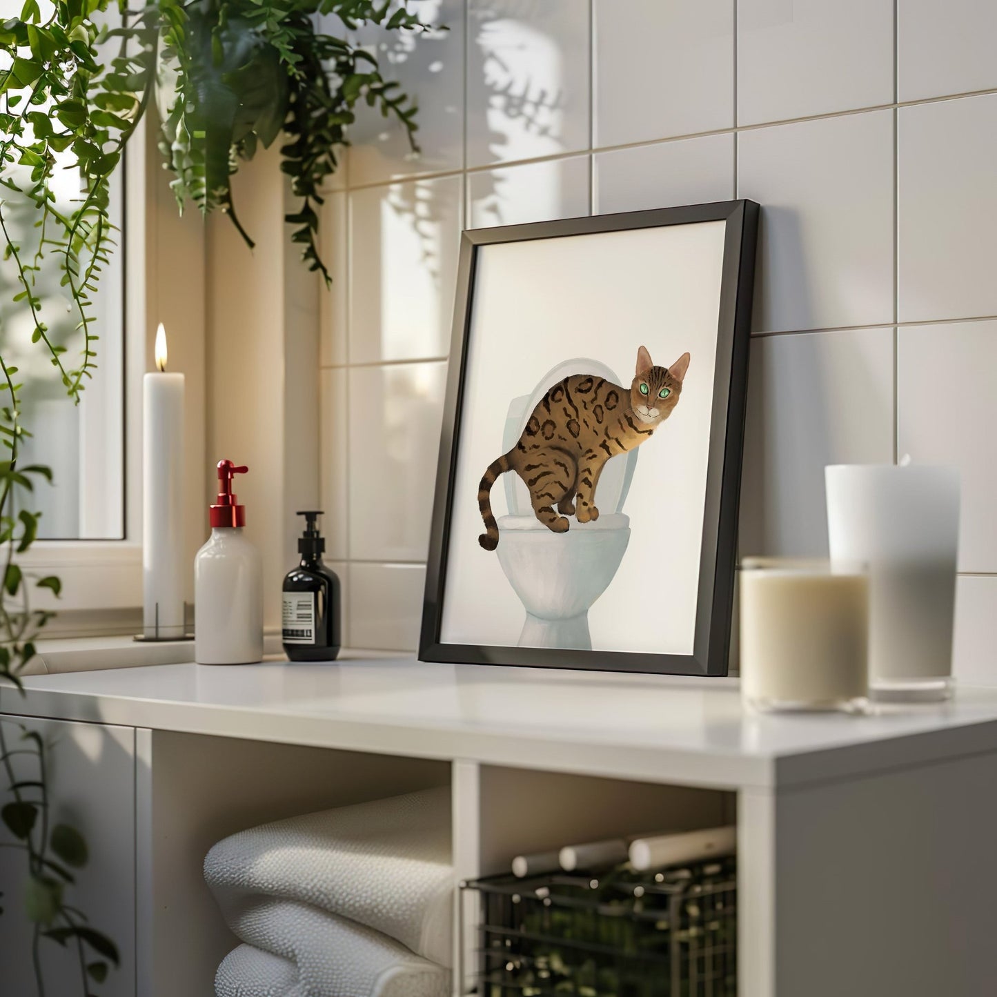 Gold Bengal Cat on Toilet Art Print - Bathroom Cat Decor - MerikaArt