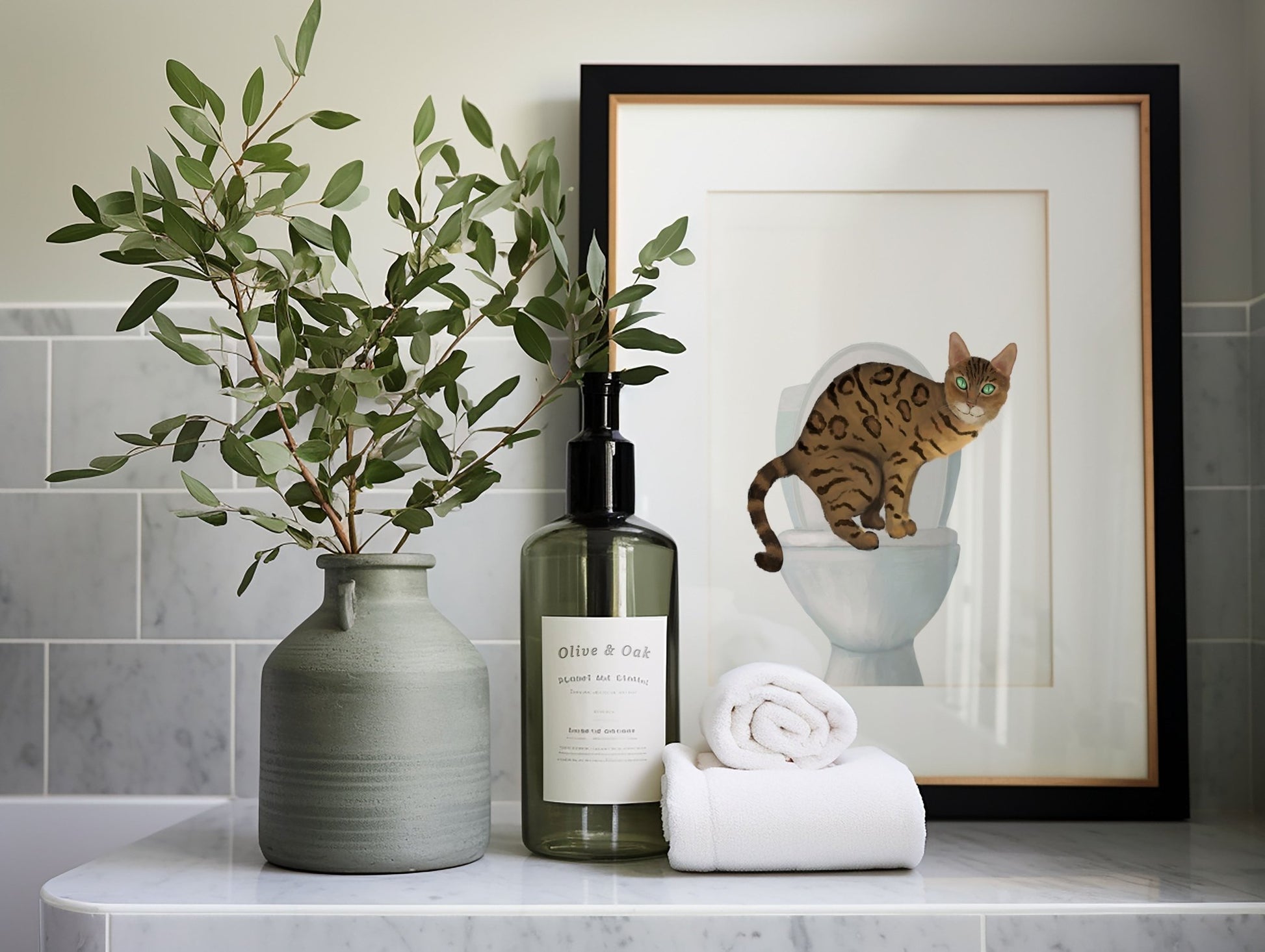 Gold Bengal Cat on Toilet Art Print - Bathroom Cat Decor - MerikaArt