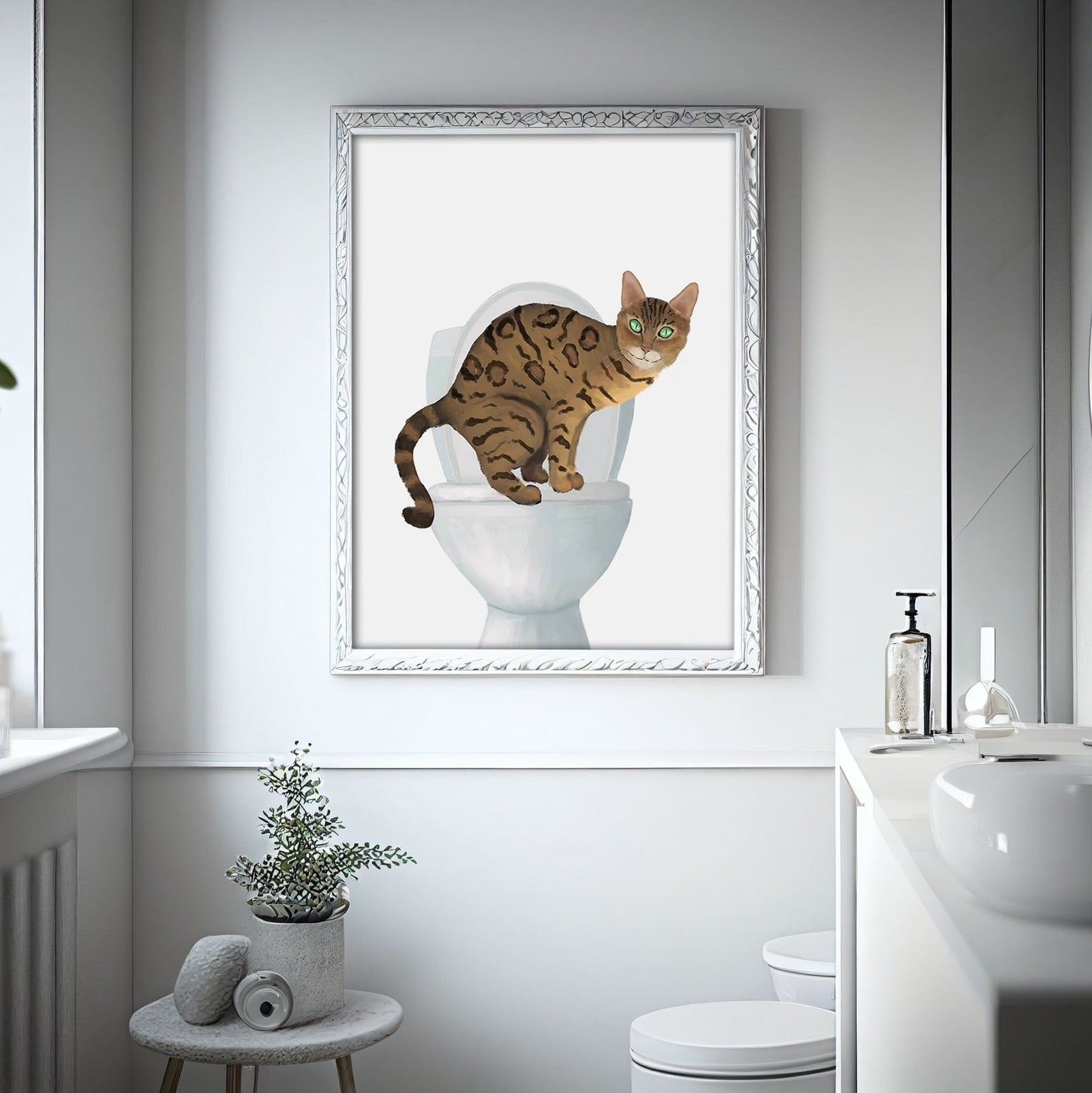 Gold Bengal Cat on Toilet Art Print - Bathroom Cat Decor - MerikaArt