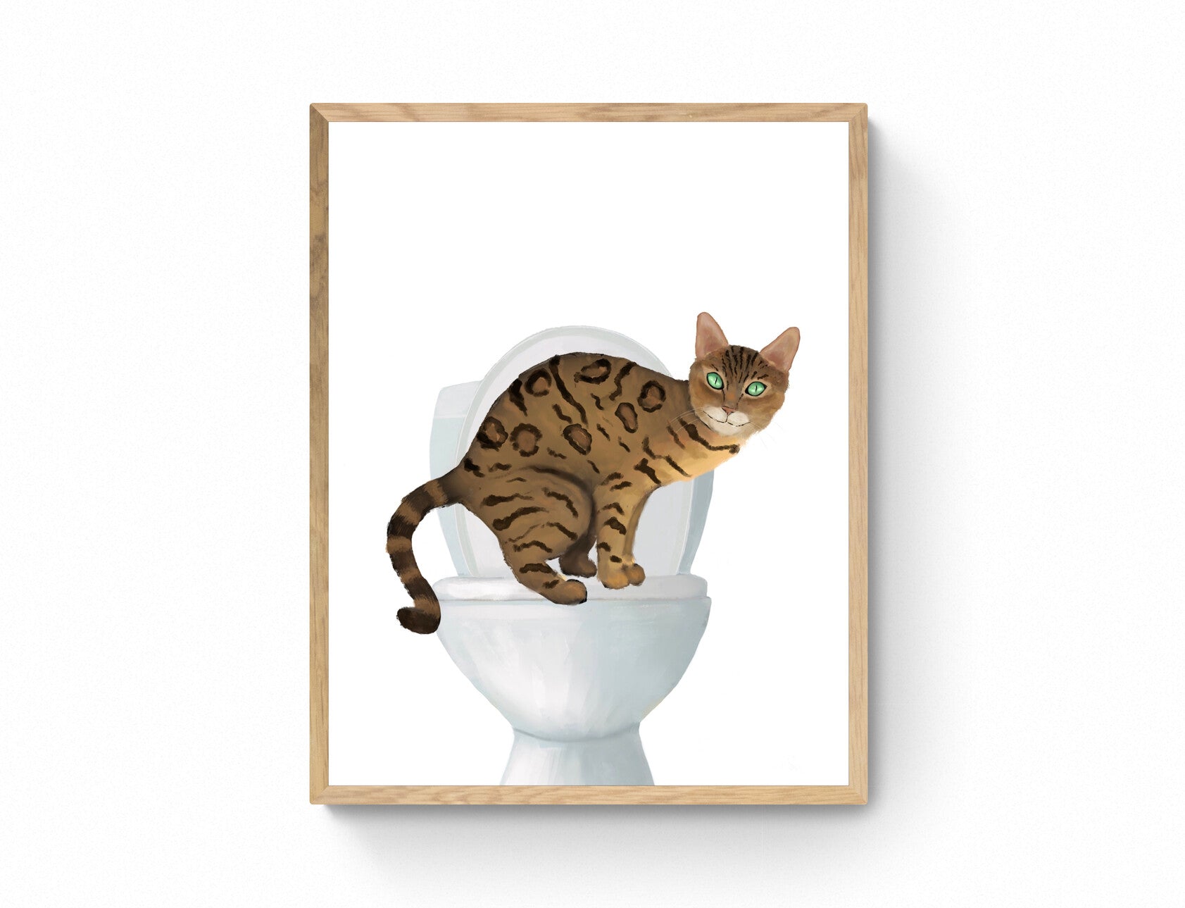 Gold Bengal Cat on Toilet Art Print - Bathroom Cat Decor - MerikaArt