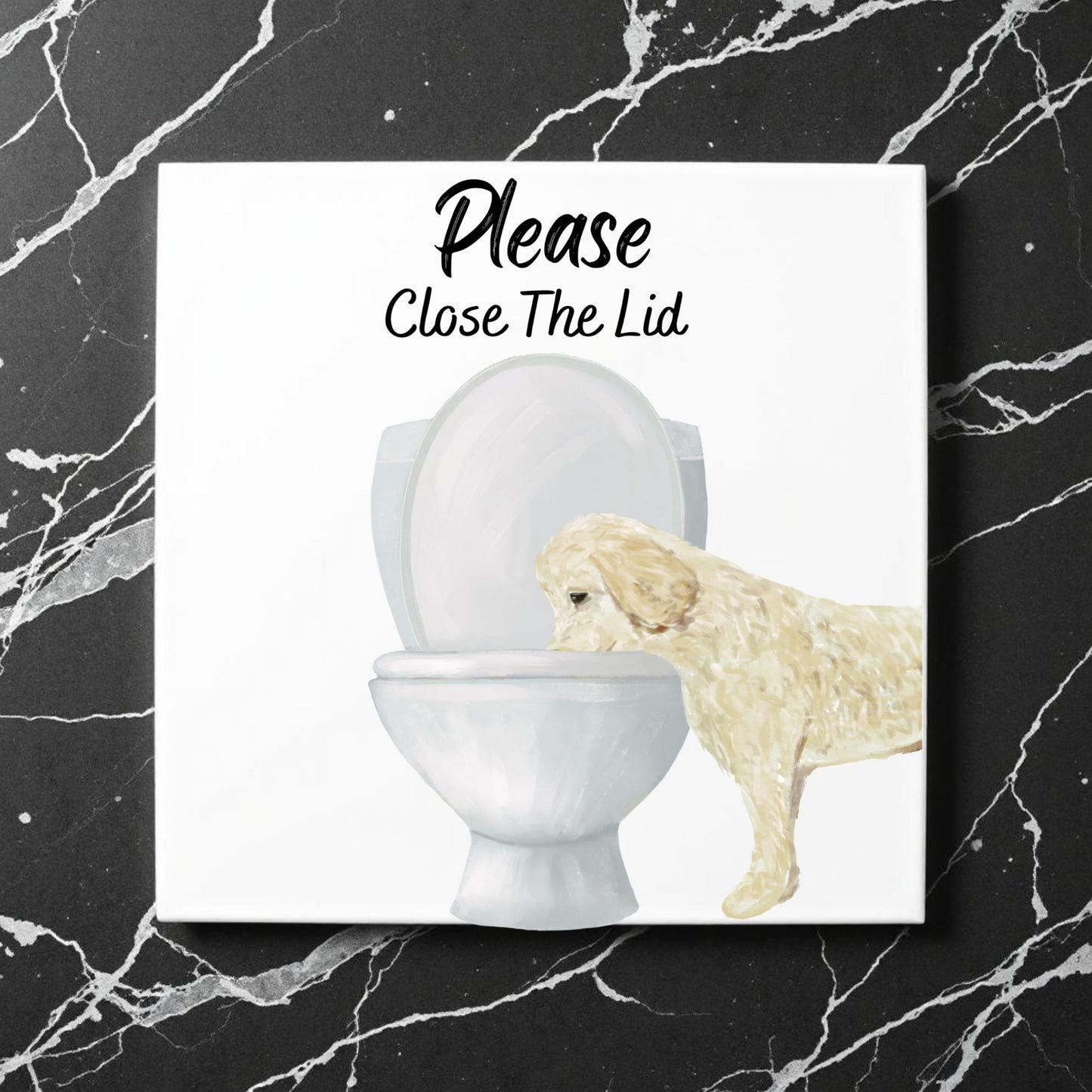 Golden Retriever Close The Lid Ceramic Tile - MerikaArt