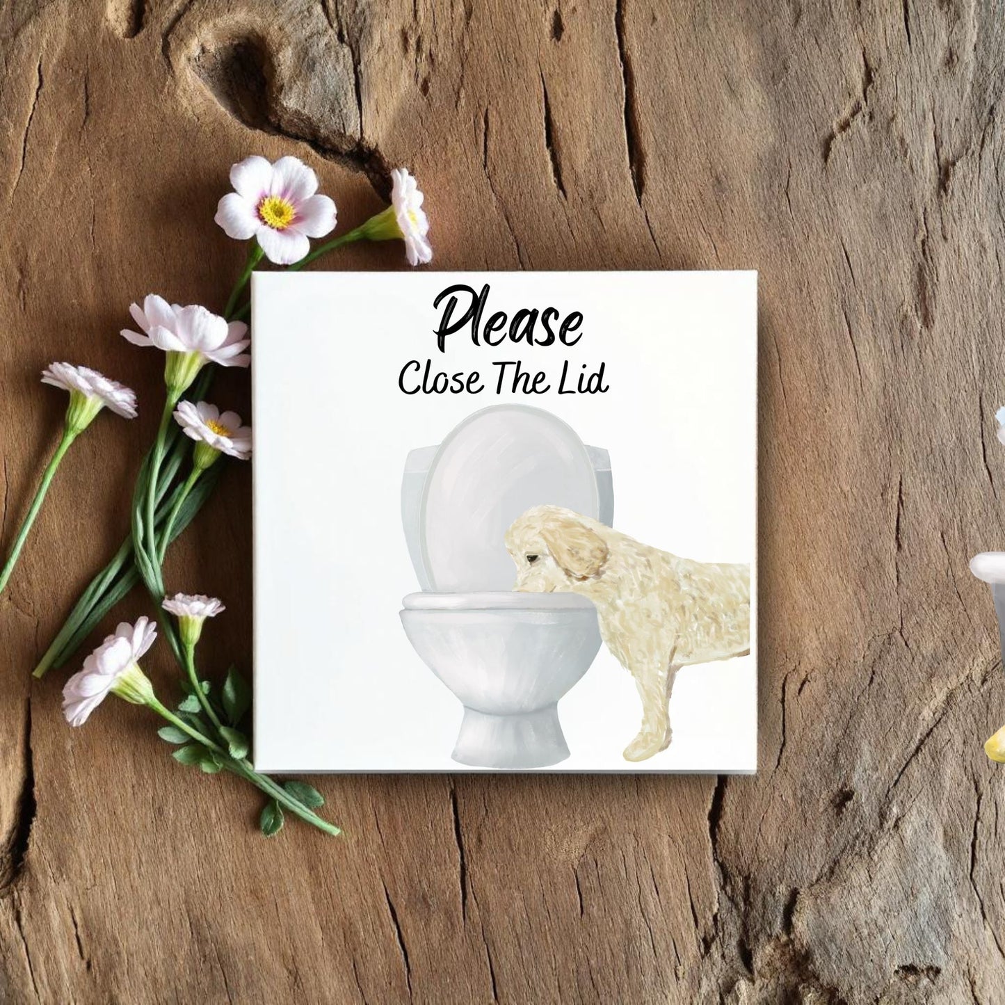 Golden Retriever Close The Lid Ceramic Tile - MerikaArt
