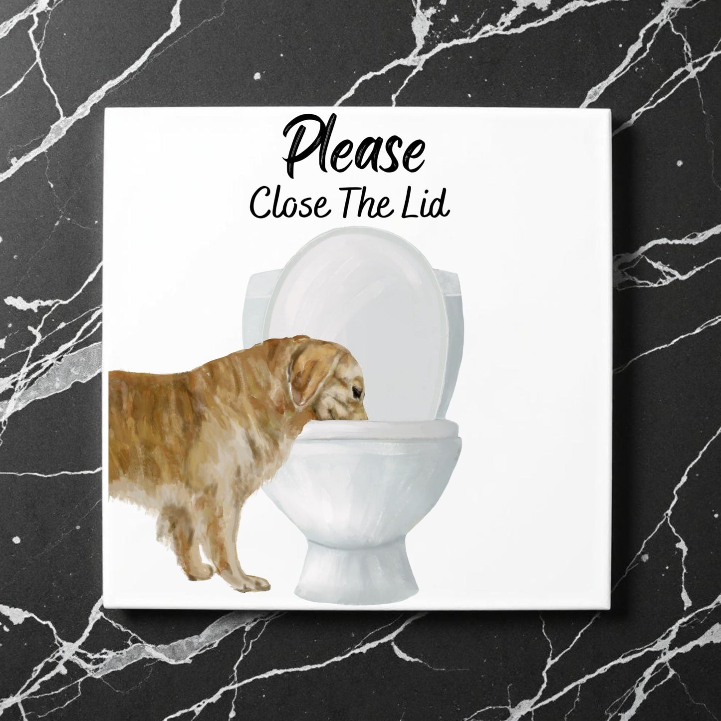 Golden Retriever Please Close The Lid Ceramic Tile - MerikaArt