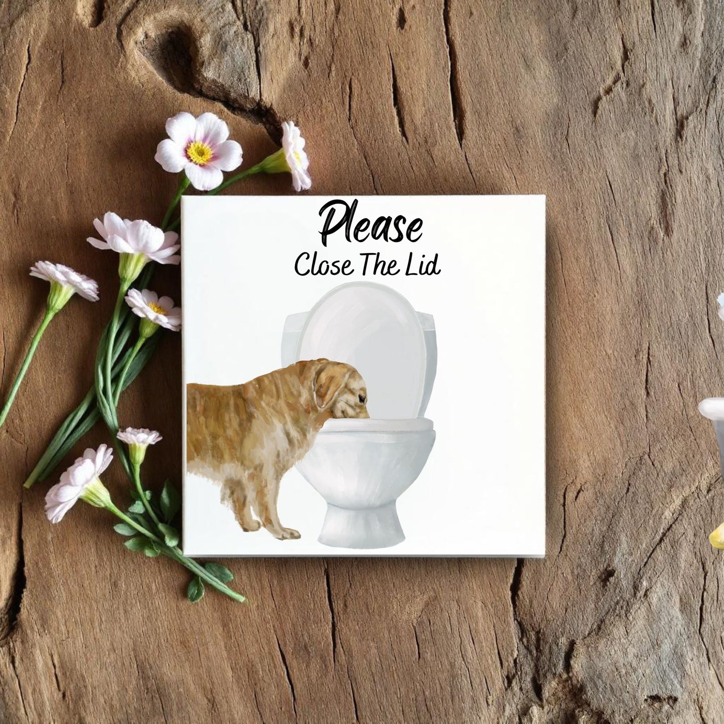 Golden Retriever Please Close The Lid Ceramic Tile - MerikaArt